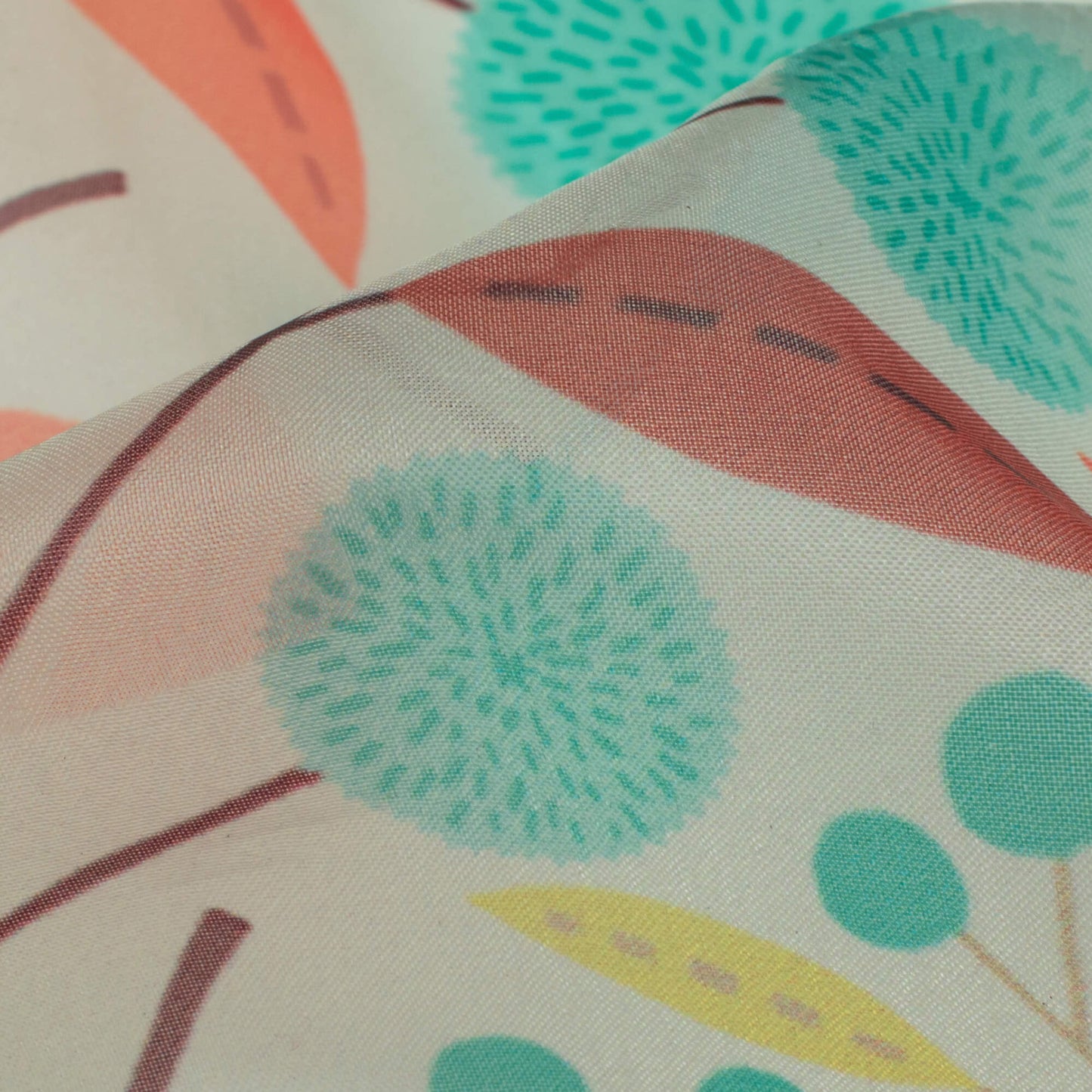 Baby Blue And Orange Leaf Pattern Digital Print Organza Satin Fabric