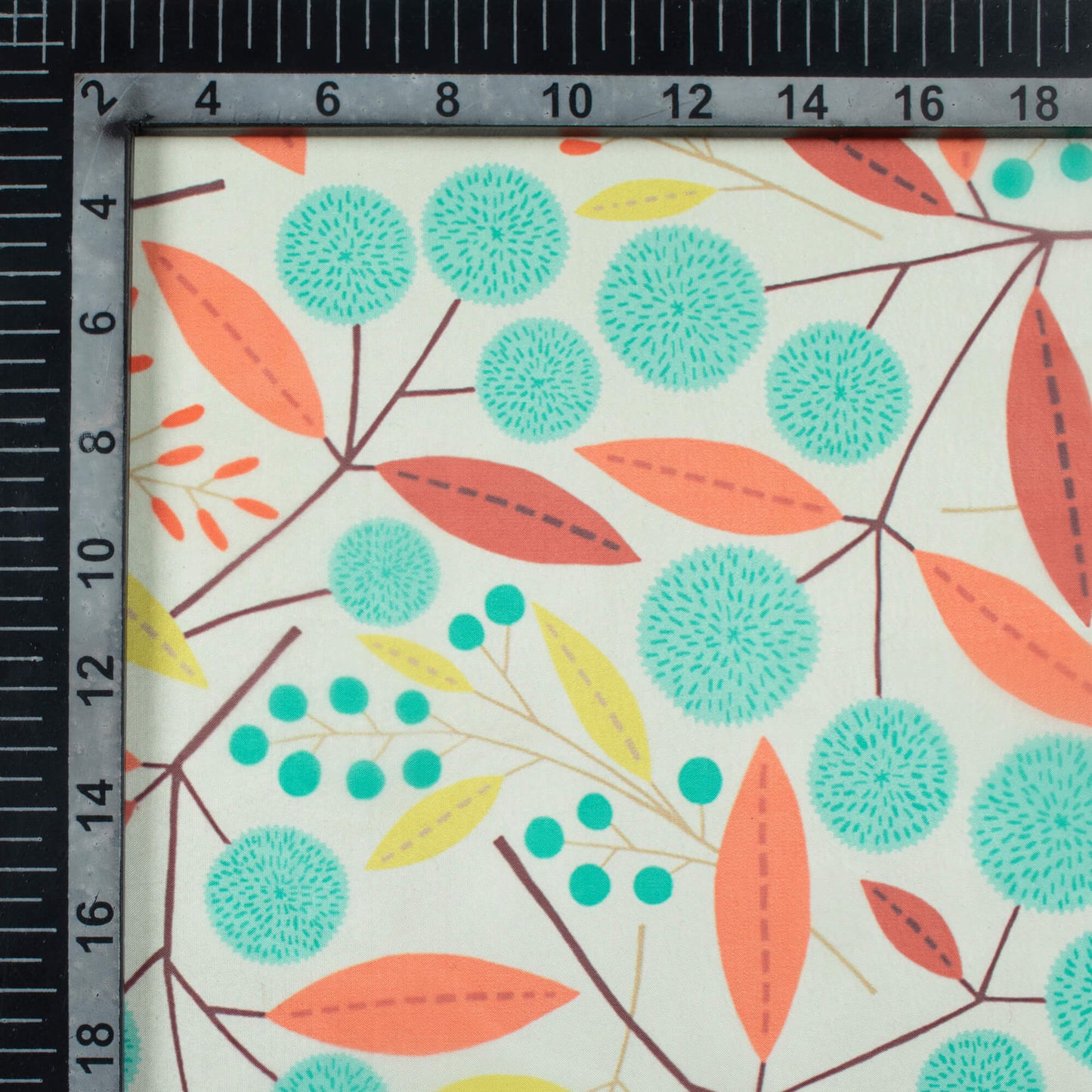 Baby Blue And Orange Leaf Pattern Digital Print Organza Satin Fabric