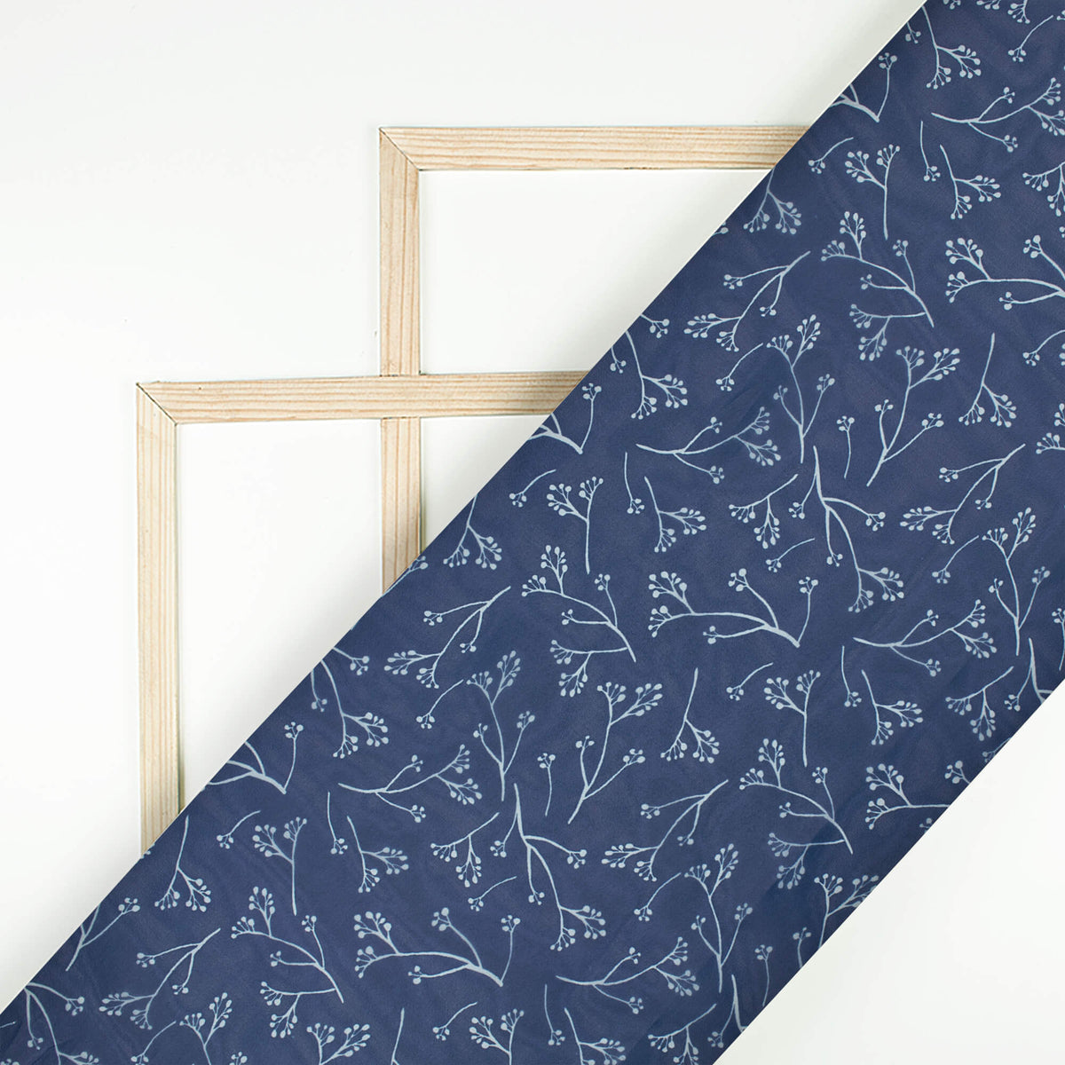 Space Blue And White Leaf Pattern Digital Print Organza Satin Fabric