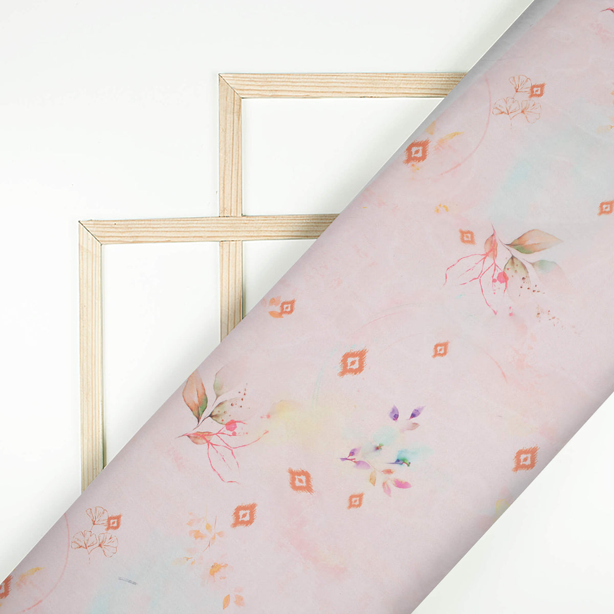 Pastel Pink And Clay Orange Leaf Pattern Digital Print Organza Satin Fabric