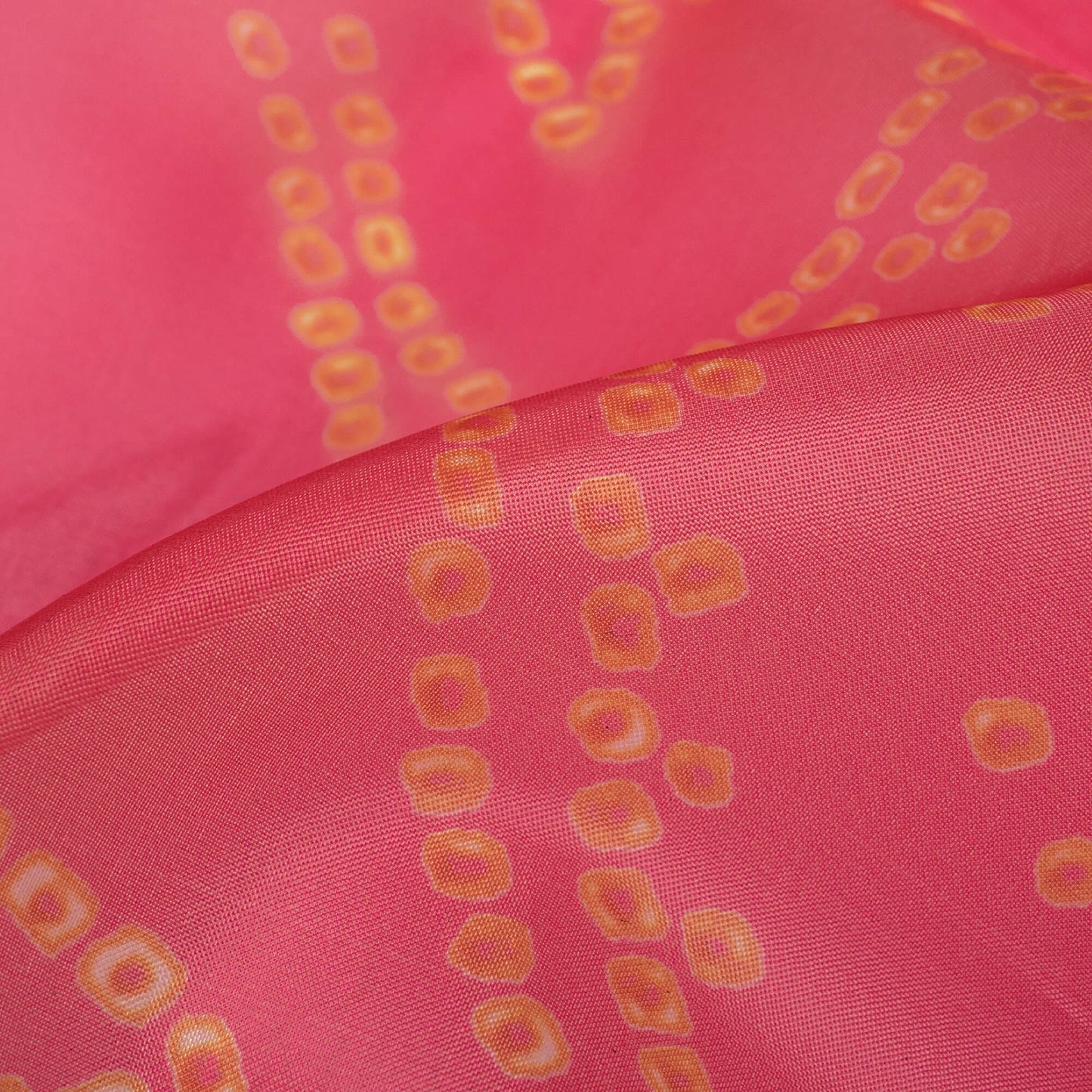 Hot Pink And Yellow Bandhanii Pattern Digital Print Organza Satin Fabric