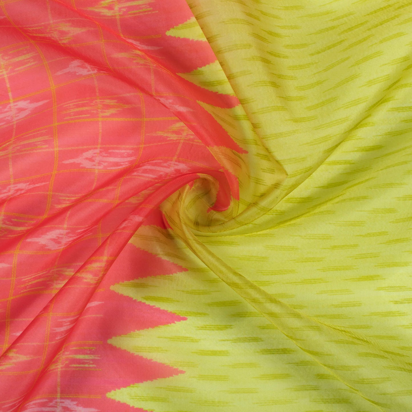 Lemon Yellow And Vermilion Red Daman Pattern Digital Print Organza Satin Fabric