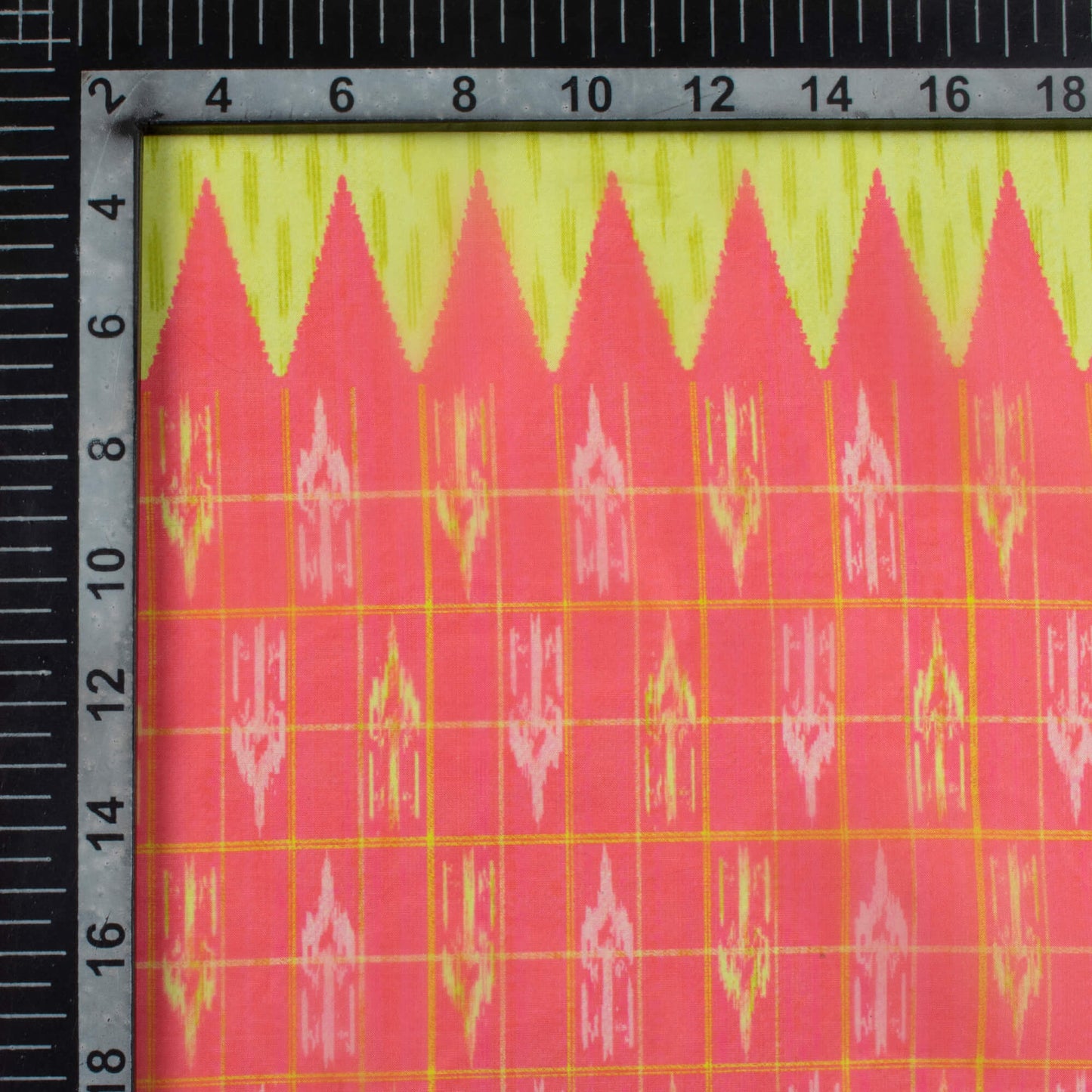 Lemon Yellow And Vermilion Red Daman Pattern Digital Print Organza Satin Fabric