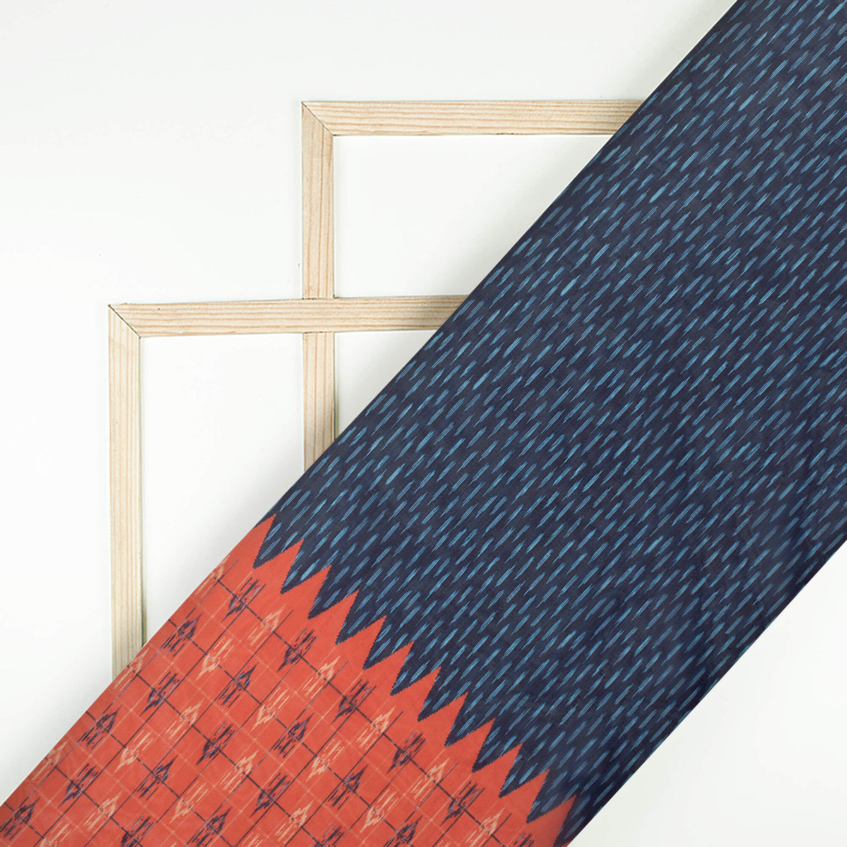 Navy Blue And Dark Orange Daman Pattern Digital Print Organza Satin Fabric