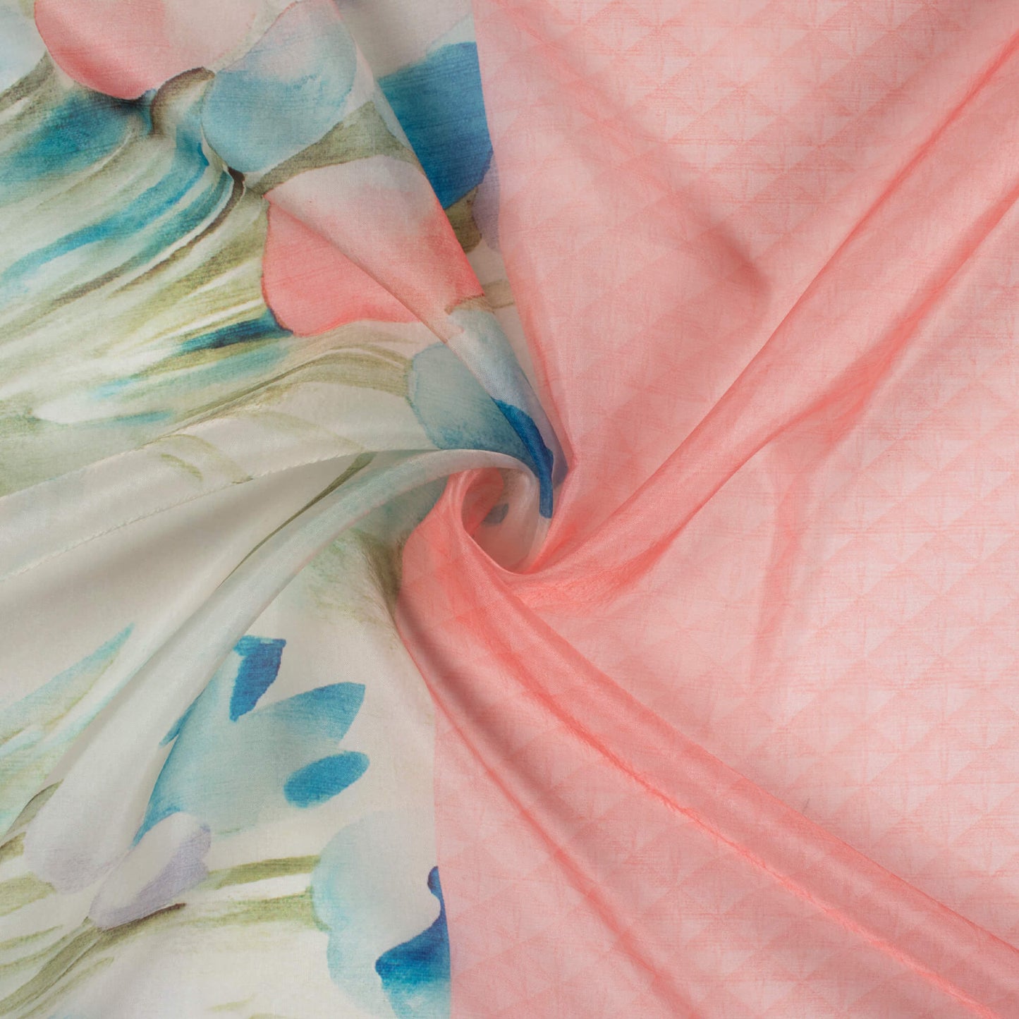 Salmon Pink And Blue Daman Pattern Digital Print Organza Satin Fabric