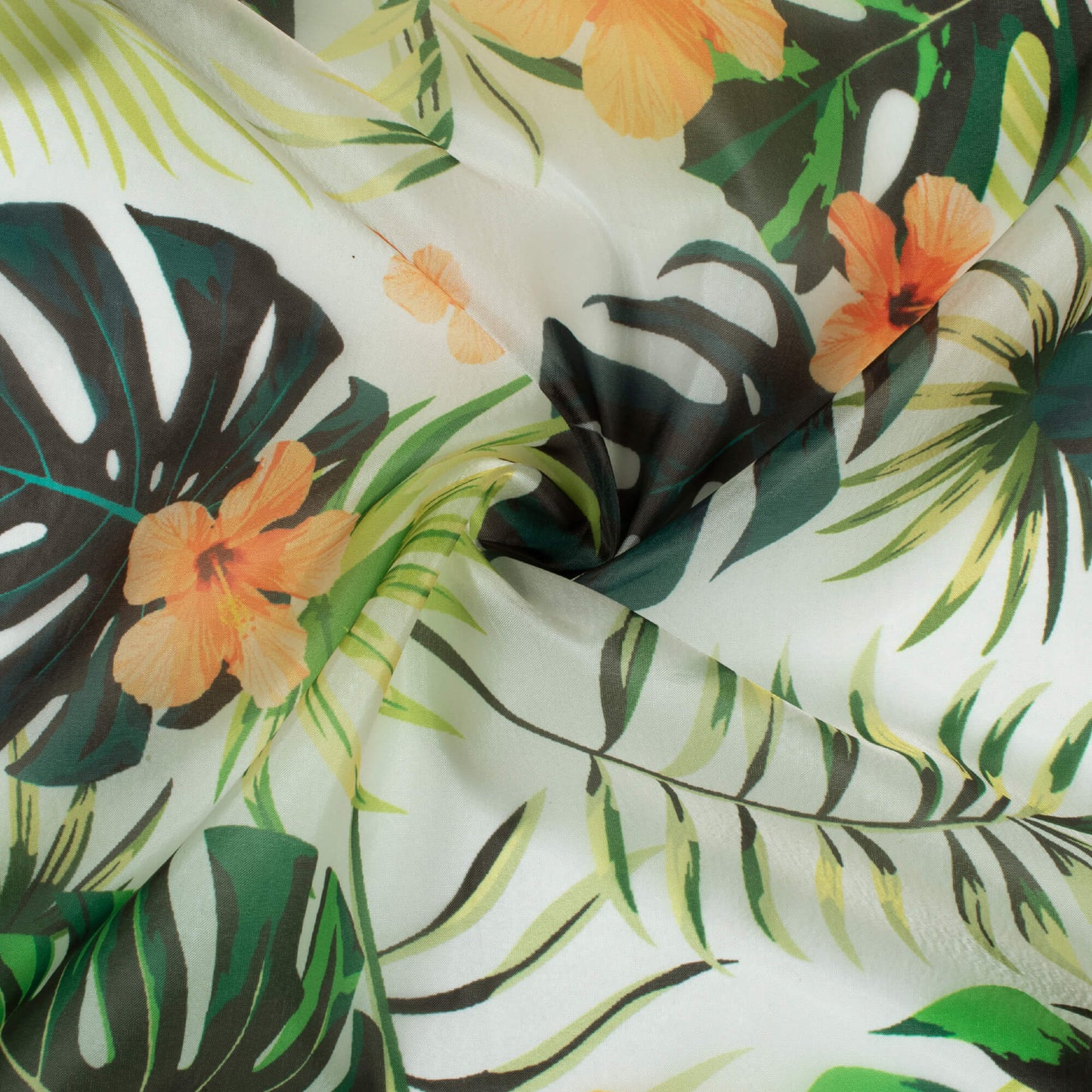 Oyster White And Peach Tropical Pattern Digital Print Organza Satin Fabric
