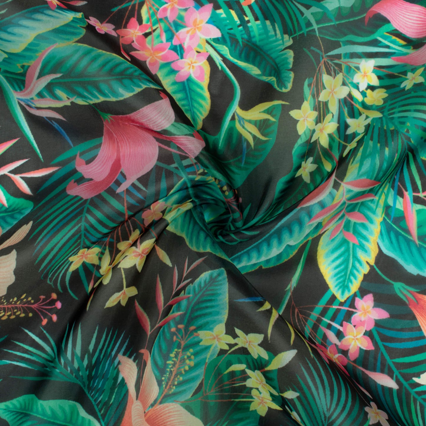 Black And Taffy Pink Tropical Pattern Digital Print Organza Satin Fabric