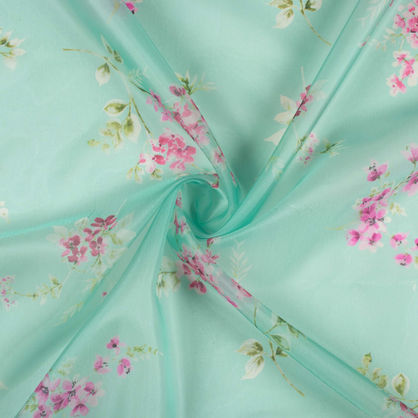 Tea Green And Pink Floral Pattern Digital Print Organza Satin Fabric