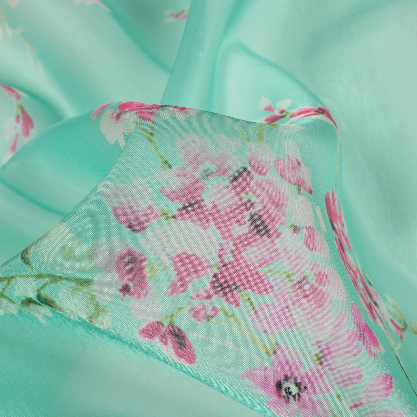 Tea Green And Pink Floral Pattern Digital Print Organza Satin Fabric
