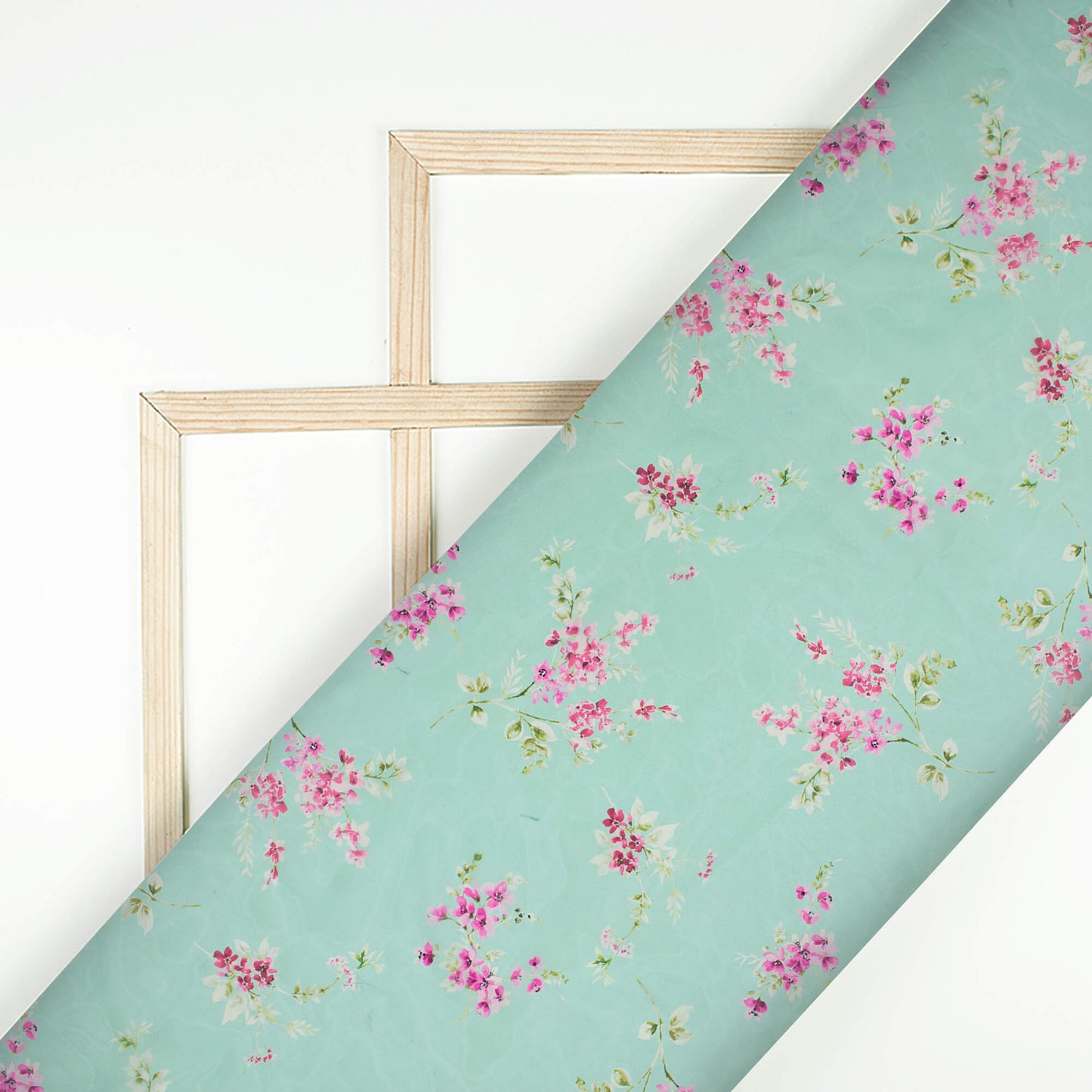 Tea Green And Pink Floral Pattern Digital Print Organza Satin Fabric