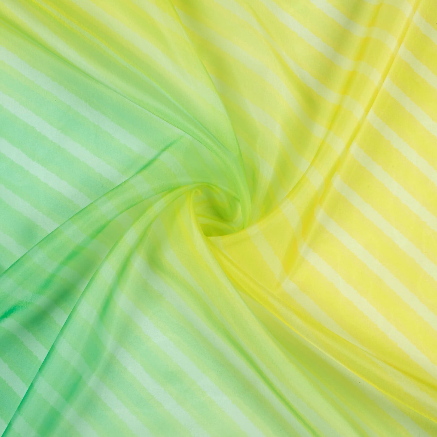 Titanium Yellow And Jade Green Leheriya Pattern Digital Print Organza Satin Fabric