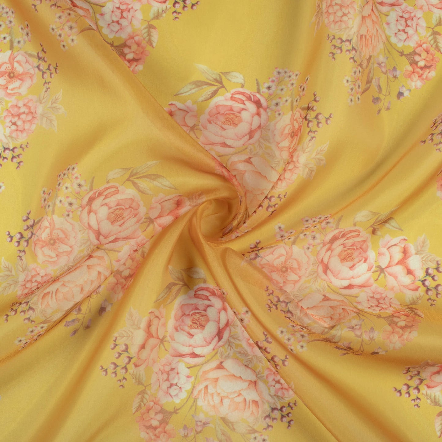 Bumblebee Yellow And Peach Floral Pattern Digital Print Organza Satin Fabric
