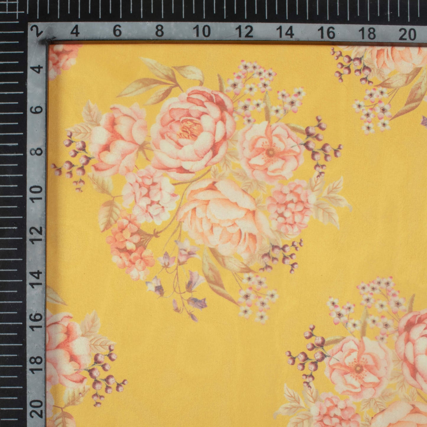 Bumblebee Yellow And Peach Floral Pattern Digital Print Organza Satin Fabric