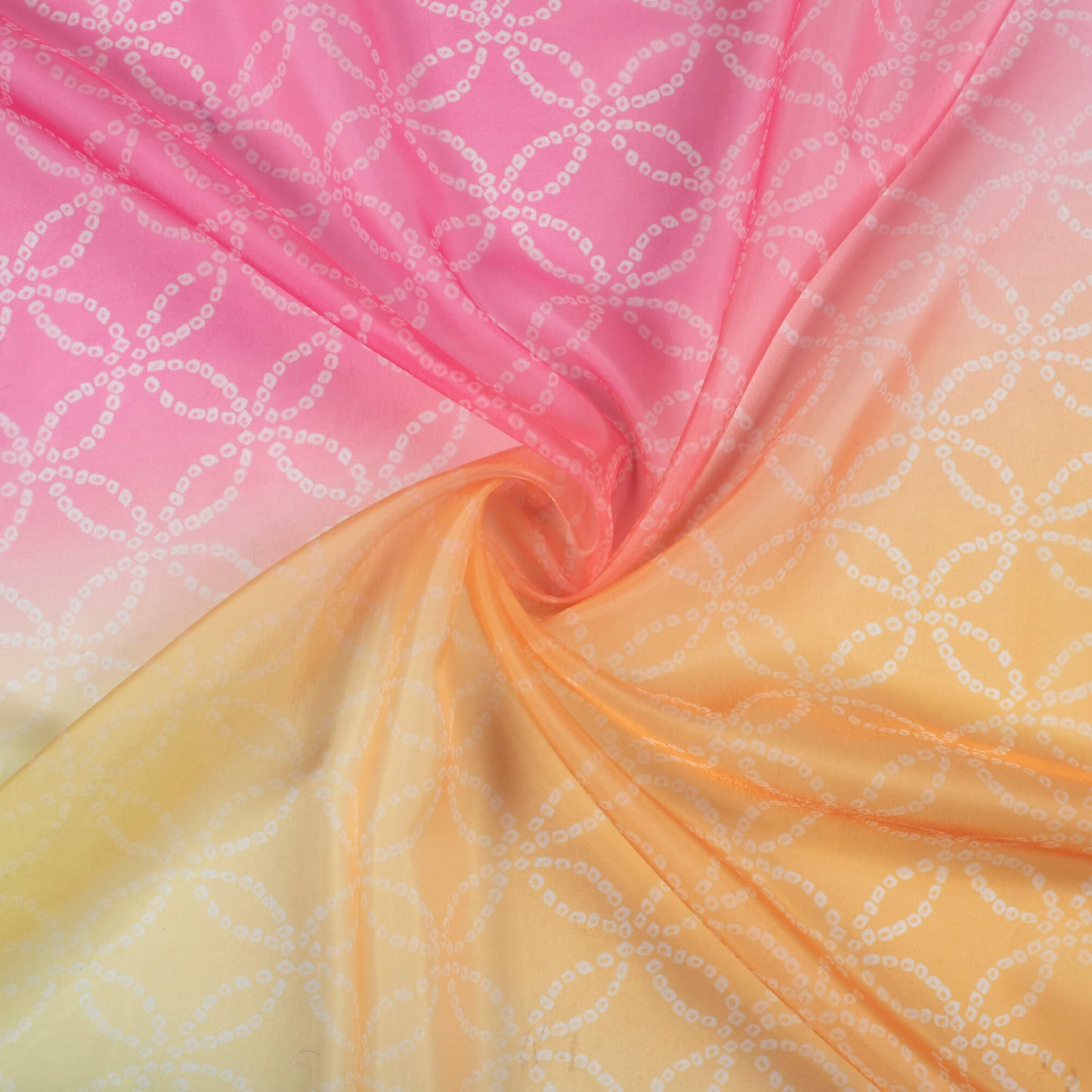 Lemon Yellow And Taffy Pink Bandhanii Pattern Digital Print Organza Satin Fabric