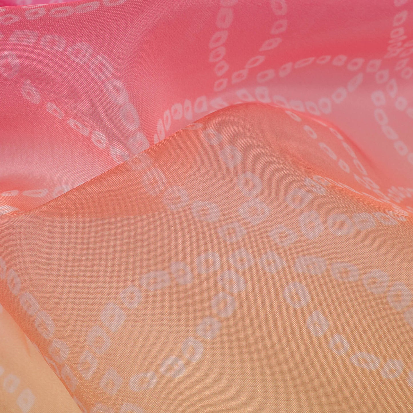 Lemon Yellow And Taffy Pink Bandhanii Pattern Digital Print Organza Satin Fabric