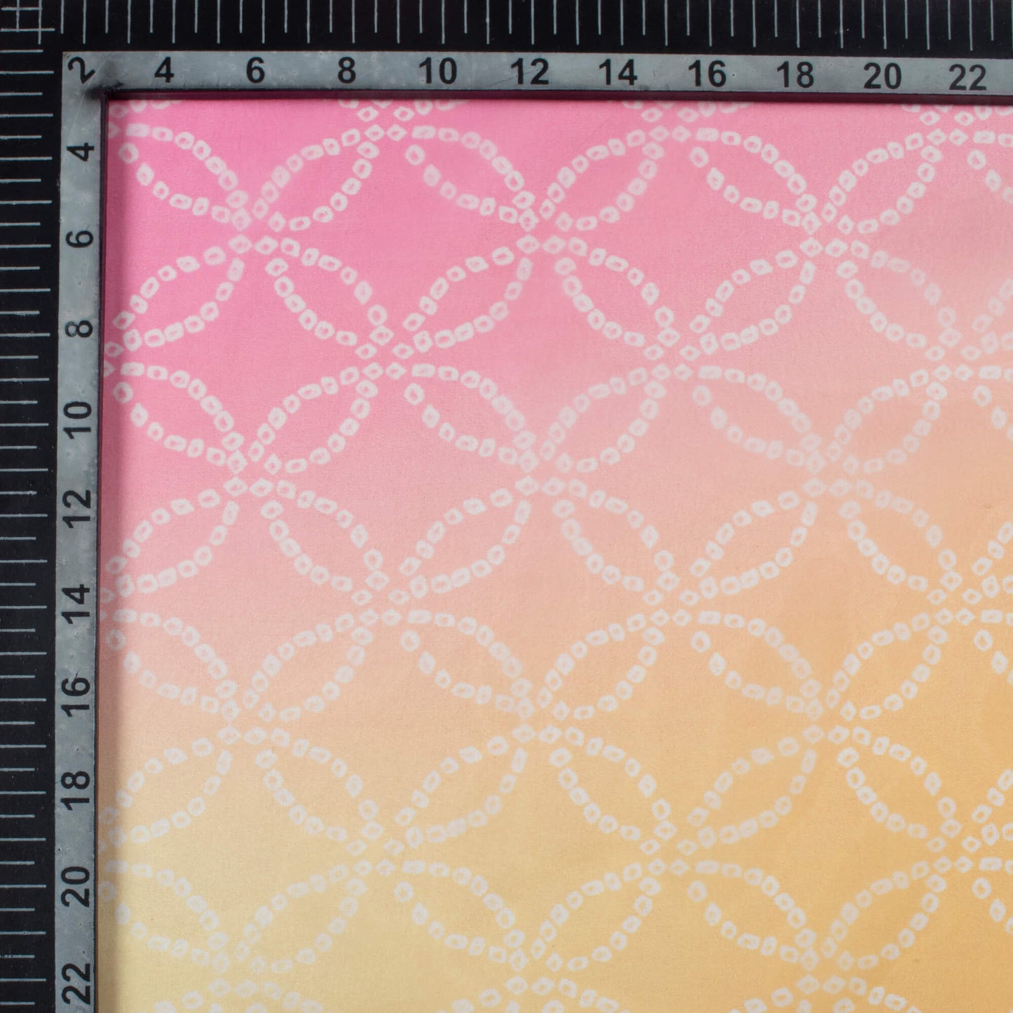 Lemon Yellow And Taffy Pink Bandhanii Pattern Digital Print Organza Satin Fabric