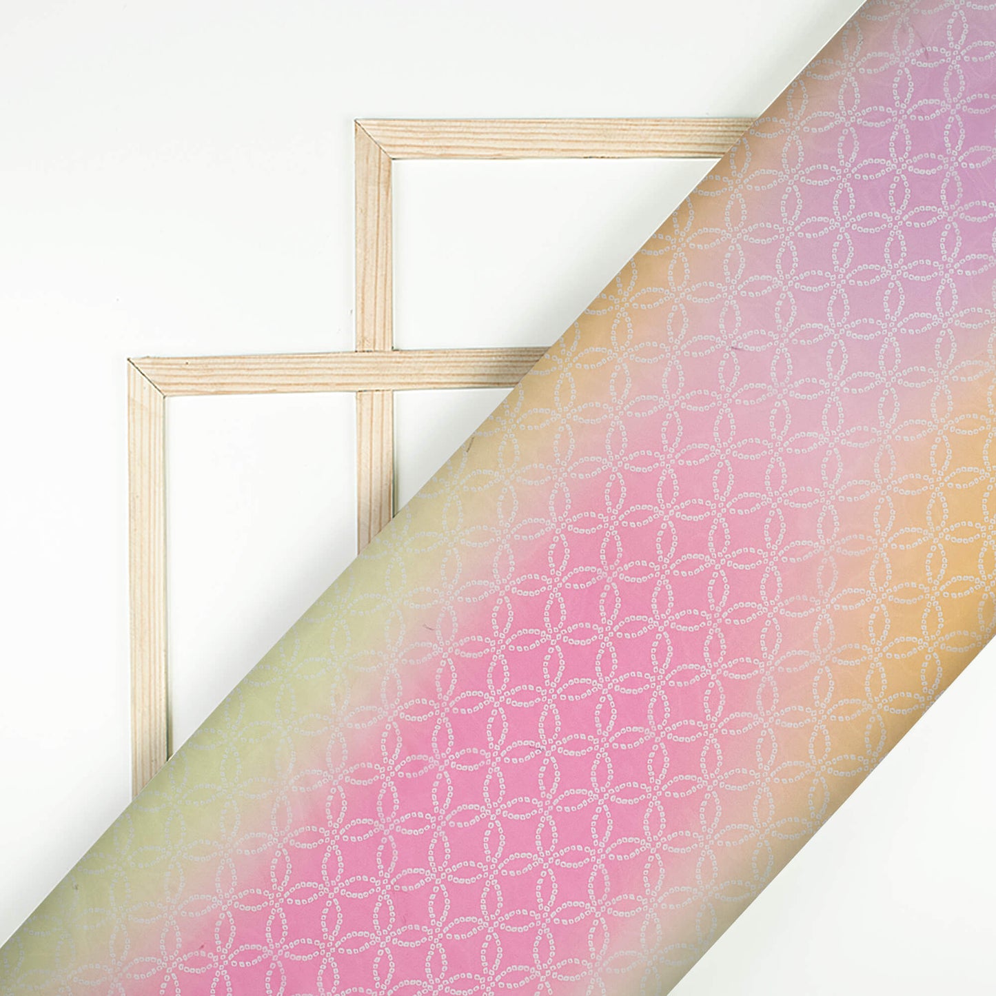 Lemon Yellow And Taffy Pink Bandhanii Pattern Digital Print Organza Satin Fabric