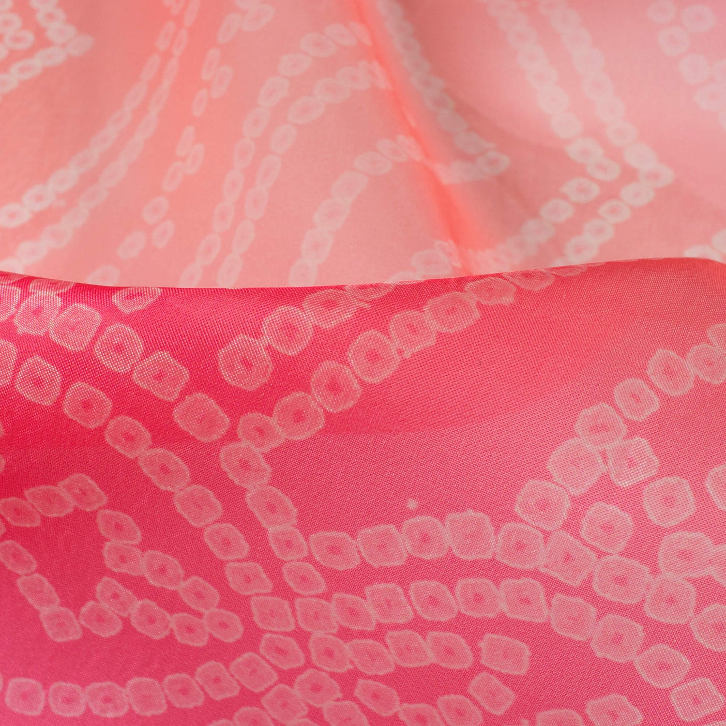 Taffy Pink And Coral Orange Bandhanii Pattern Digital Print Organza Satin Fabric