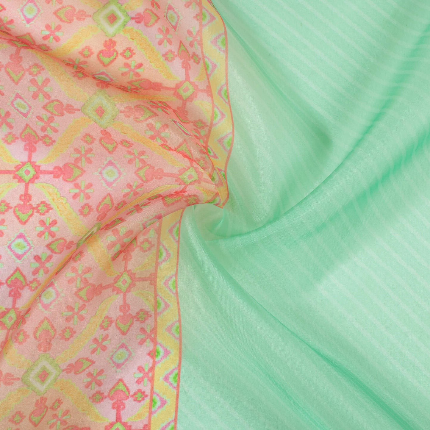 Mint Green And Taffy Pink Daman Pattern Digital Print Organza Satin Fabric
