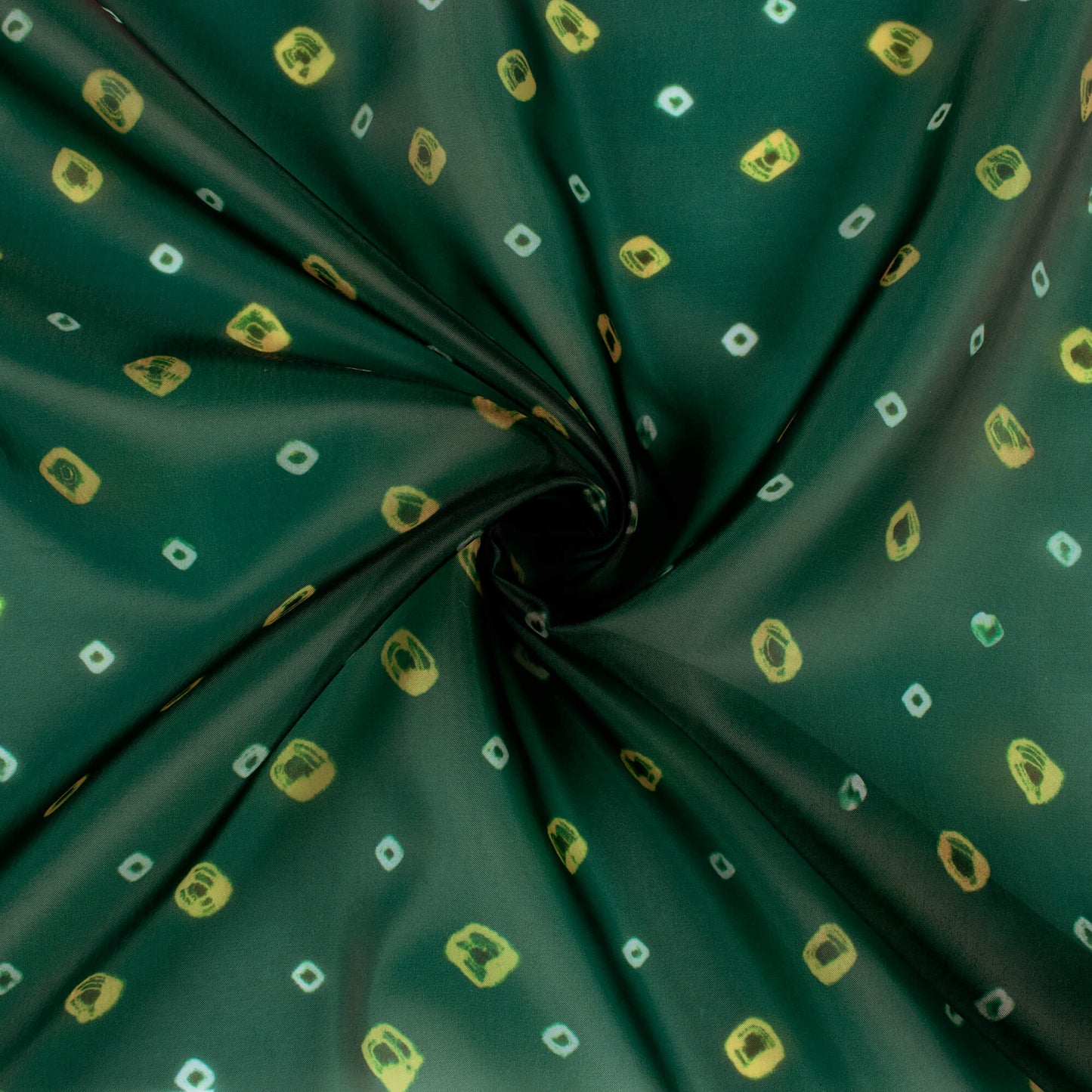 Forest Green And Yellow Bandhanii Pattern Digital Print Organza Satin Fabric