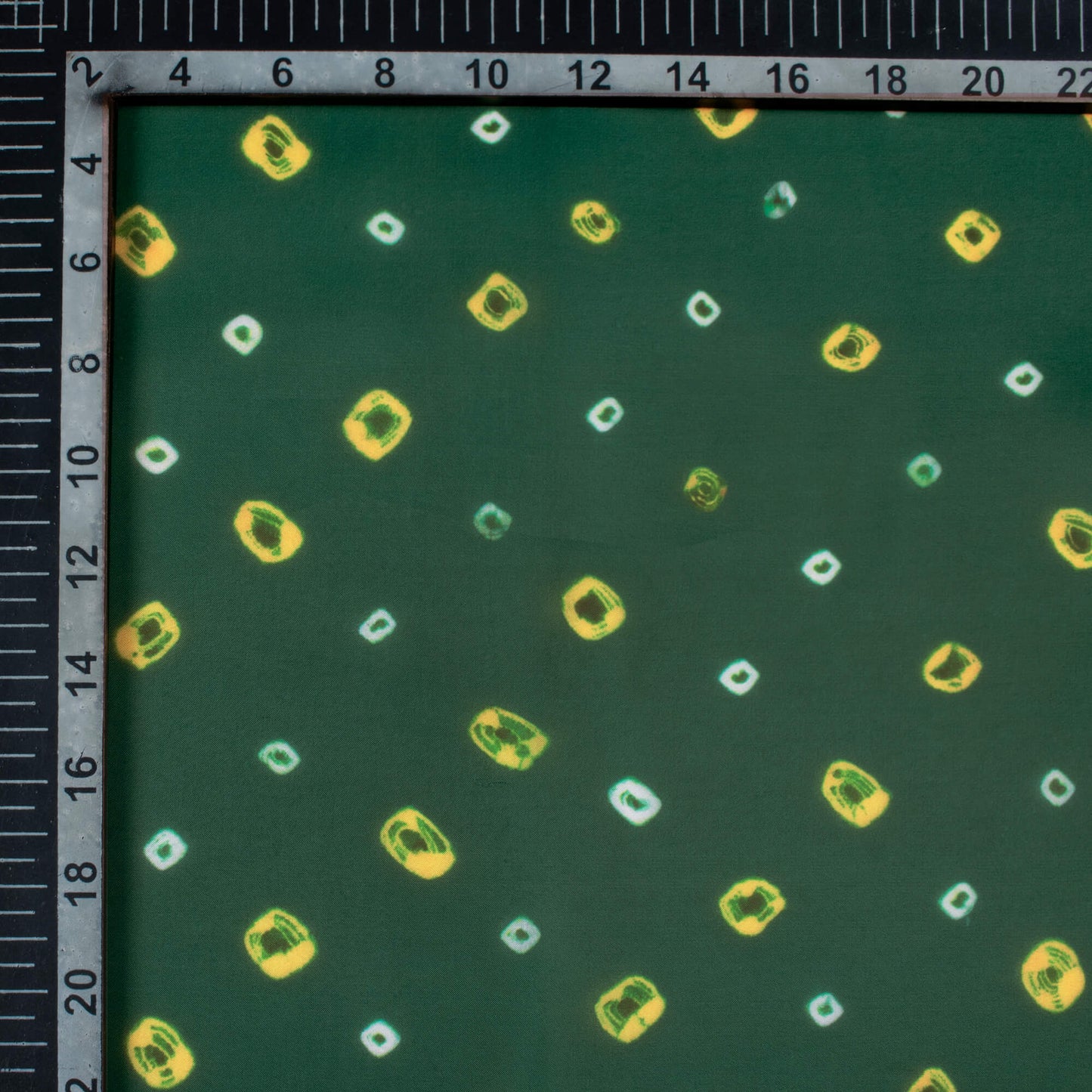 Forest Green And Yellow Bandhanii Pattern Digital Print Organza Satin Fabric