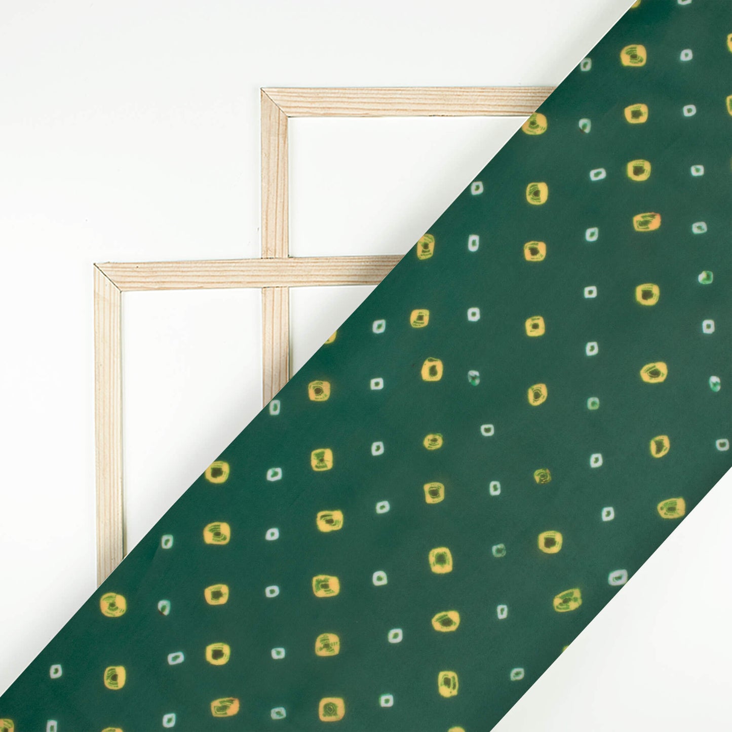 Forest Green And Yellow Bandhanii Pattern Digital Print Organza Satin Fabric