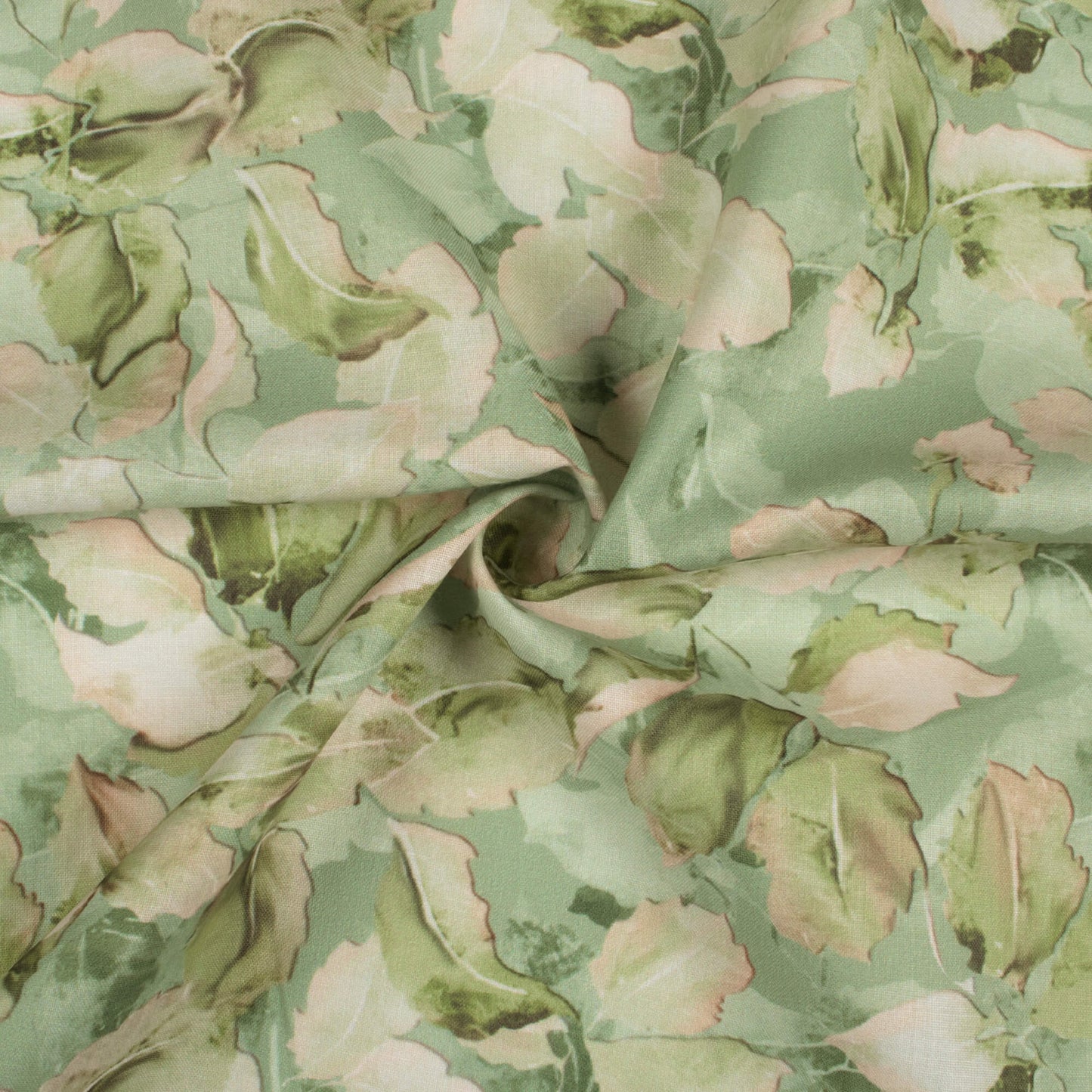 Pastel Green And Salmon Peach Leaf Pattern Digital Print Poly Cambric Fabric