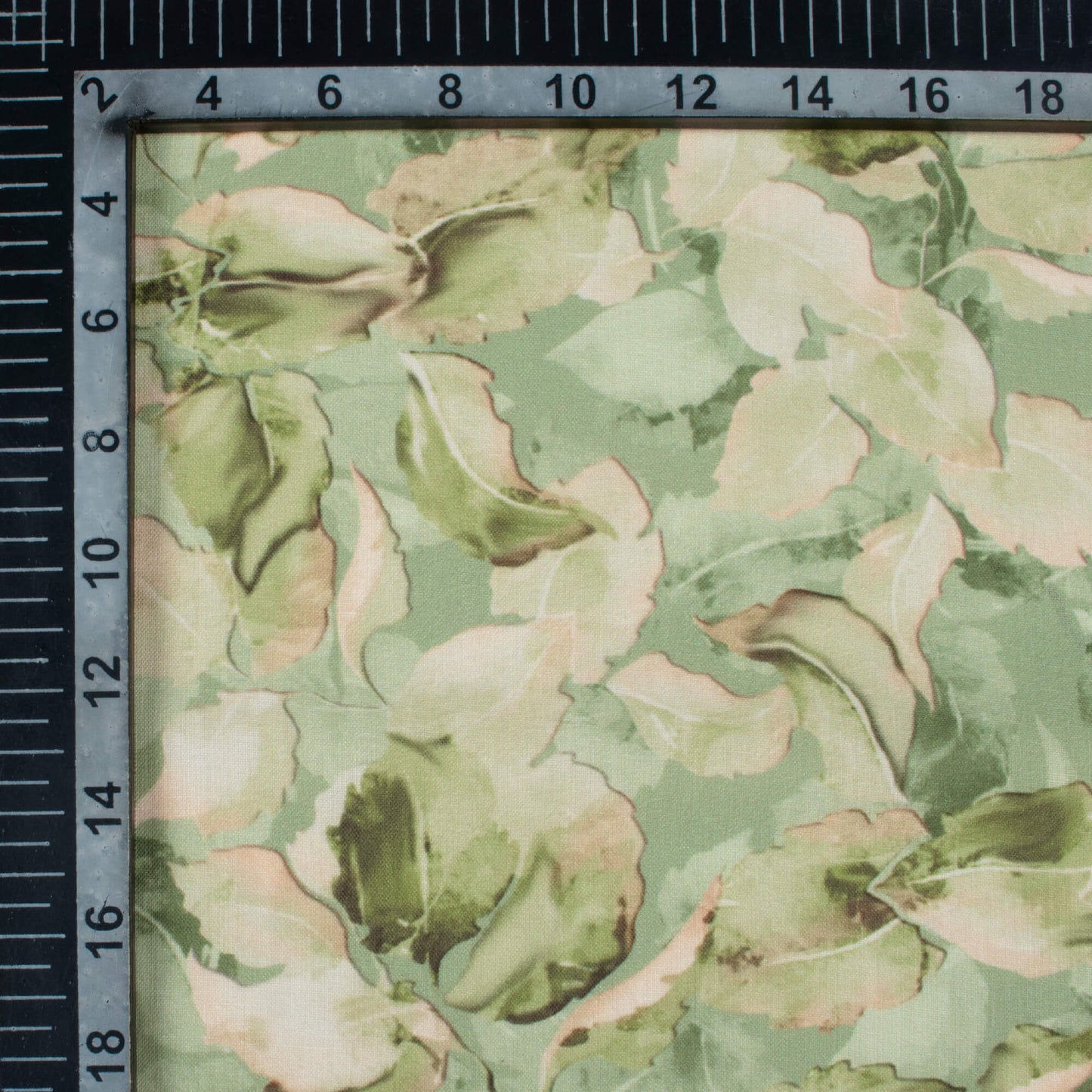 Pastel Green And Salmon Peach Leaf Pattern Digital Print Poly Cambric Fabric