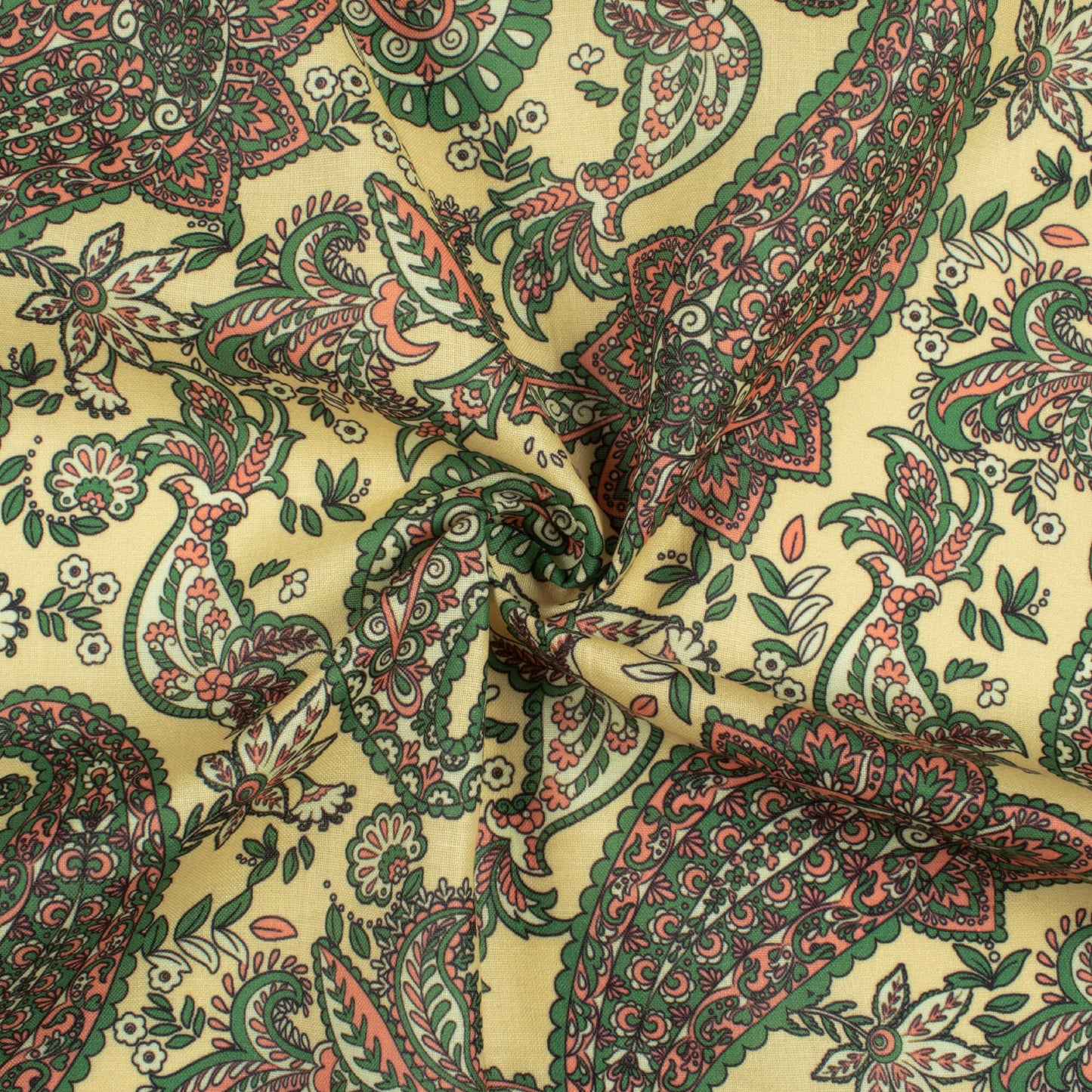 Pastel Yellow And Green Paisley Pattern Digital Print Poly Cambric Fabric