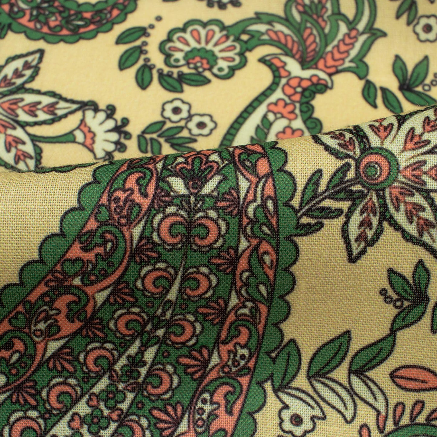 Pastel Yellow And Green Paisley Pattern Digital Print Poly Cambric Fabric