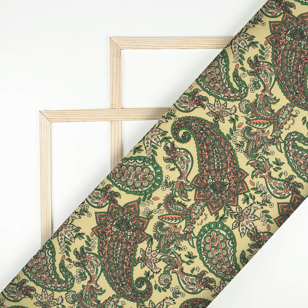Pastel Yellow And Green Paisley Pattern Digital Print Poly Cambric Fabric