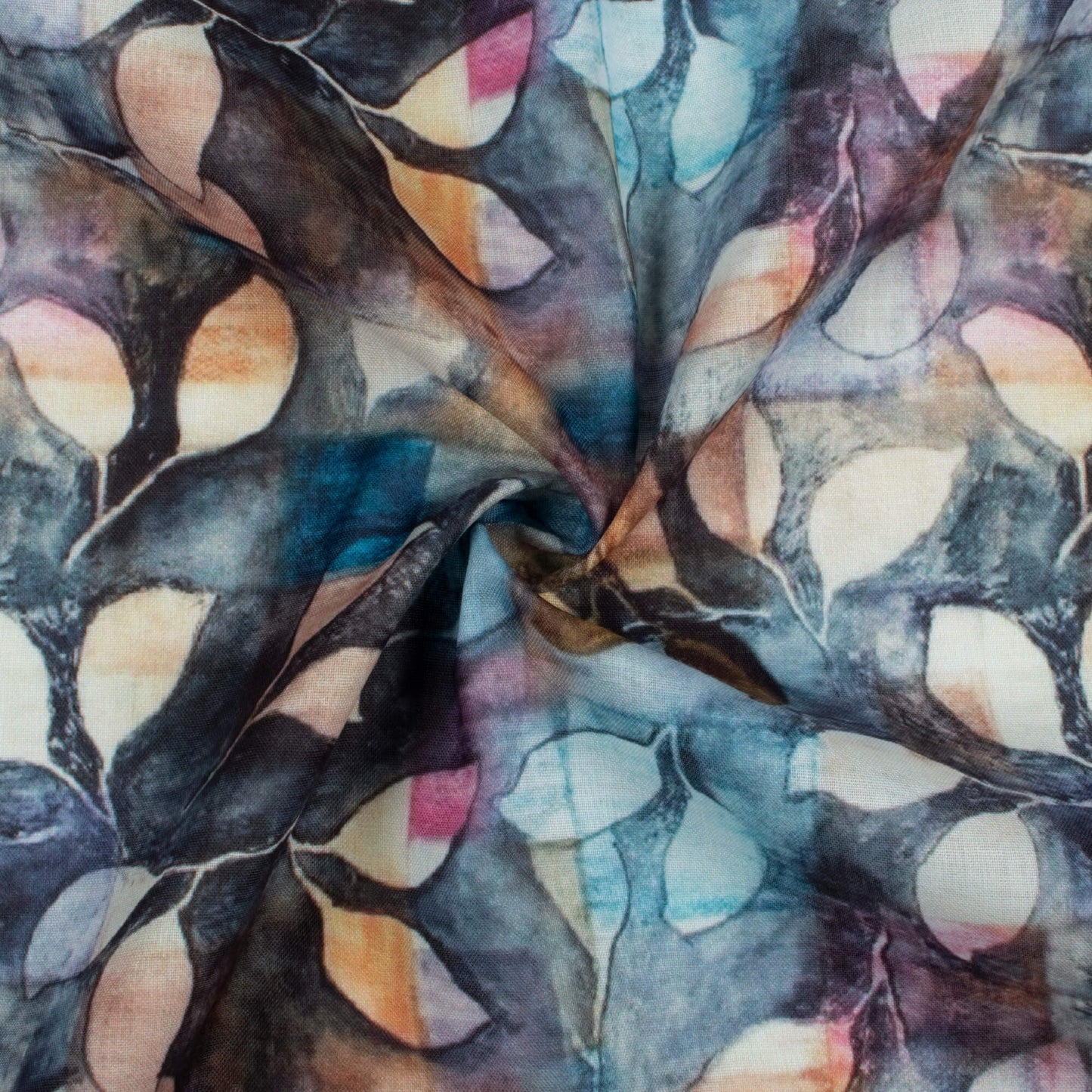 Yale Blue And Beaver Brown Leaf Pattern Digital Print Poly Cambric Fabric