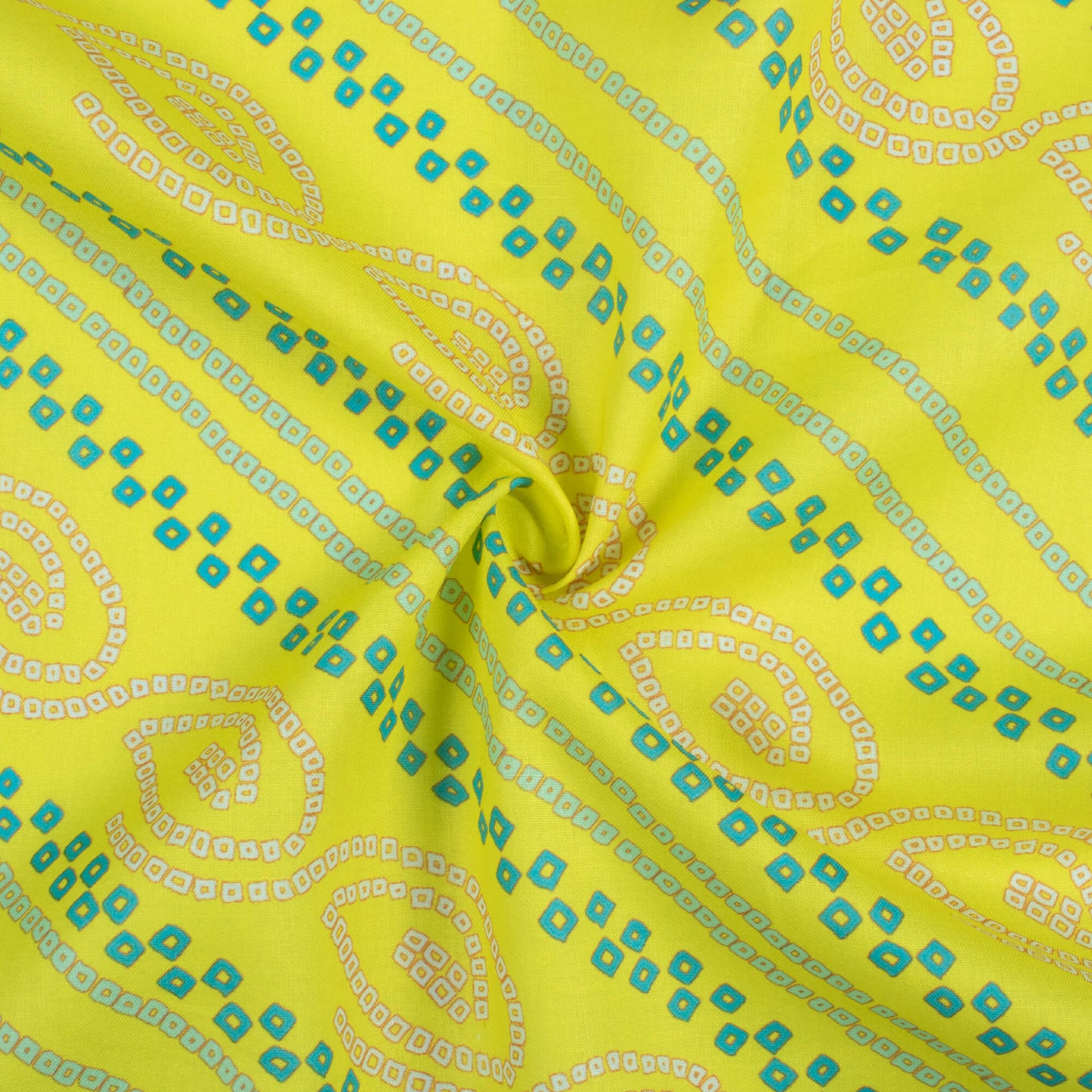 Lemon Yellow And Teal Bandhanii Pattern Digital Print Poly Cambric Fabric