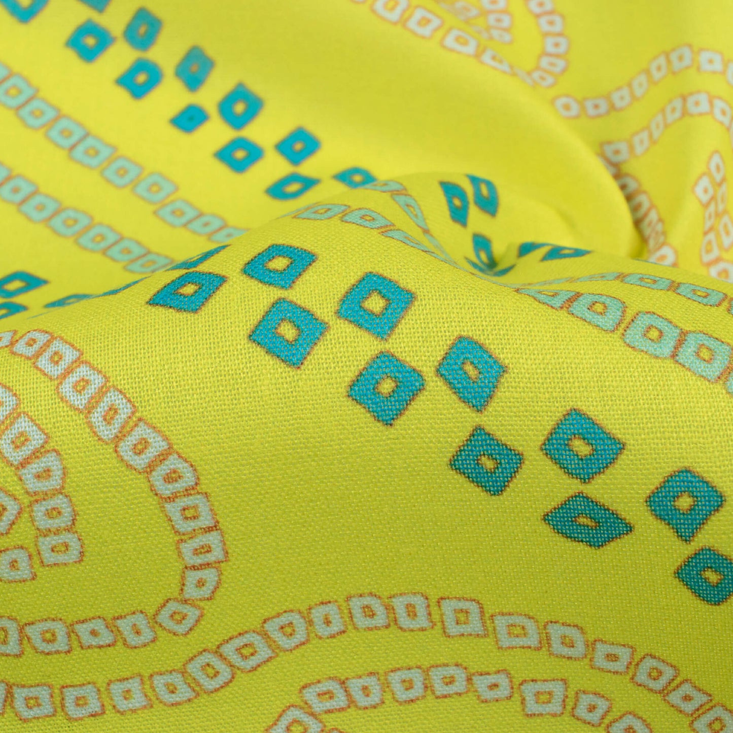 Lemon Yellow And Teal Bandhanii Pattern Digital Print Poly Cambric Fabric