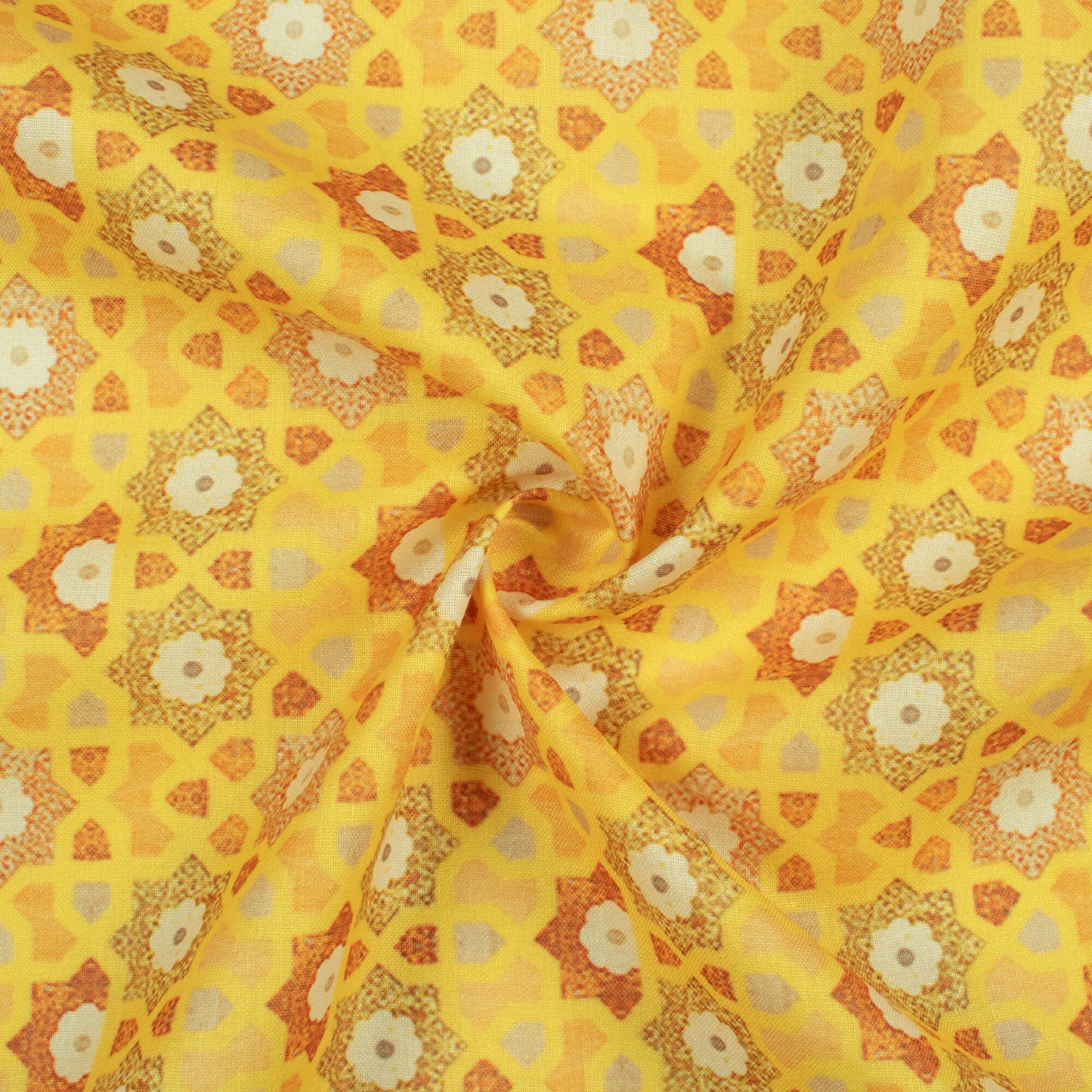 Tuscany Yellow And Tawny Brown Traditional Pattern Digital Print Poly Cambric Fabric