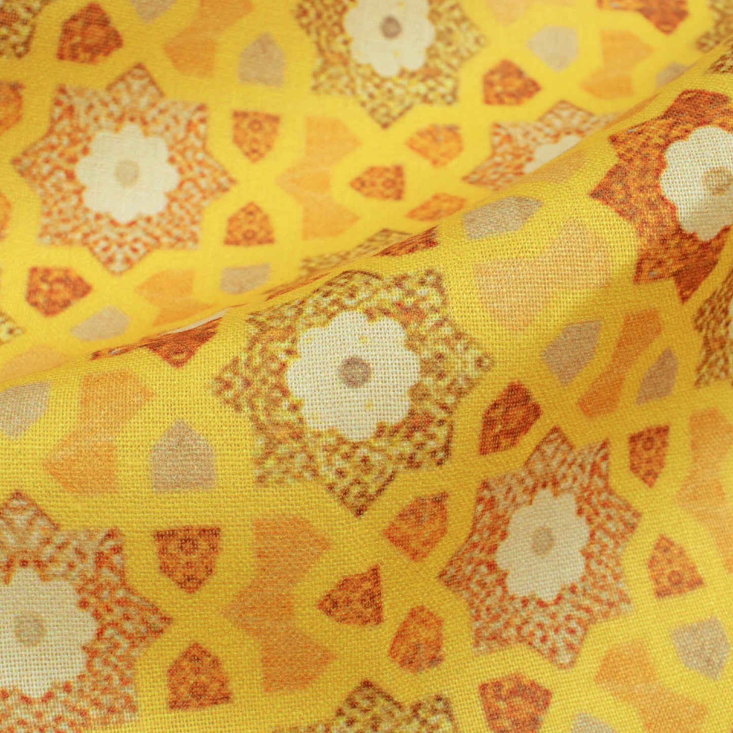 Tuscany Yellow And Tawny Brown Traditional Pattern Digital Print Poly Cambric Fabric