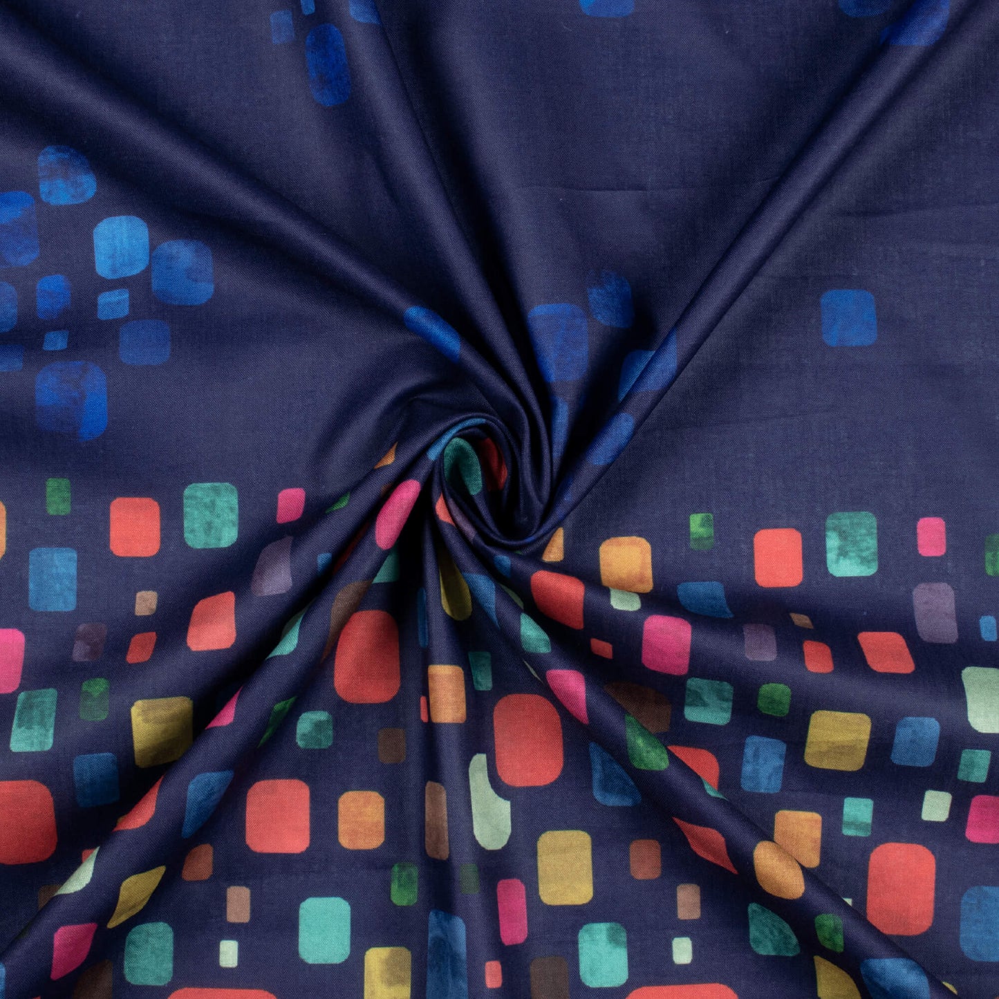 Navy Blue And Vermilion Red Geometric Pattern Digital Print Poly Cambric Fabric