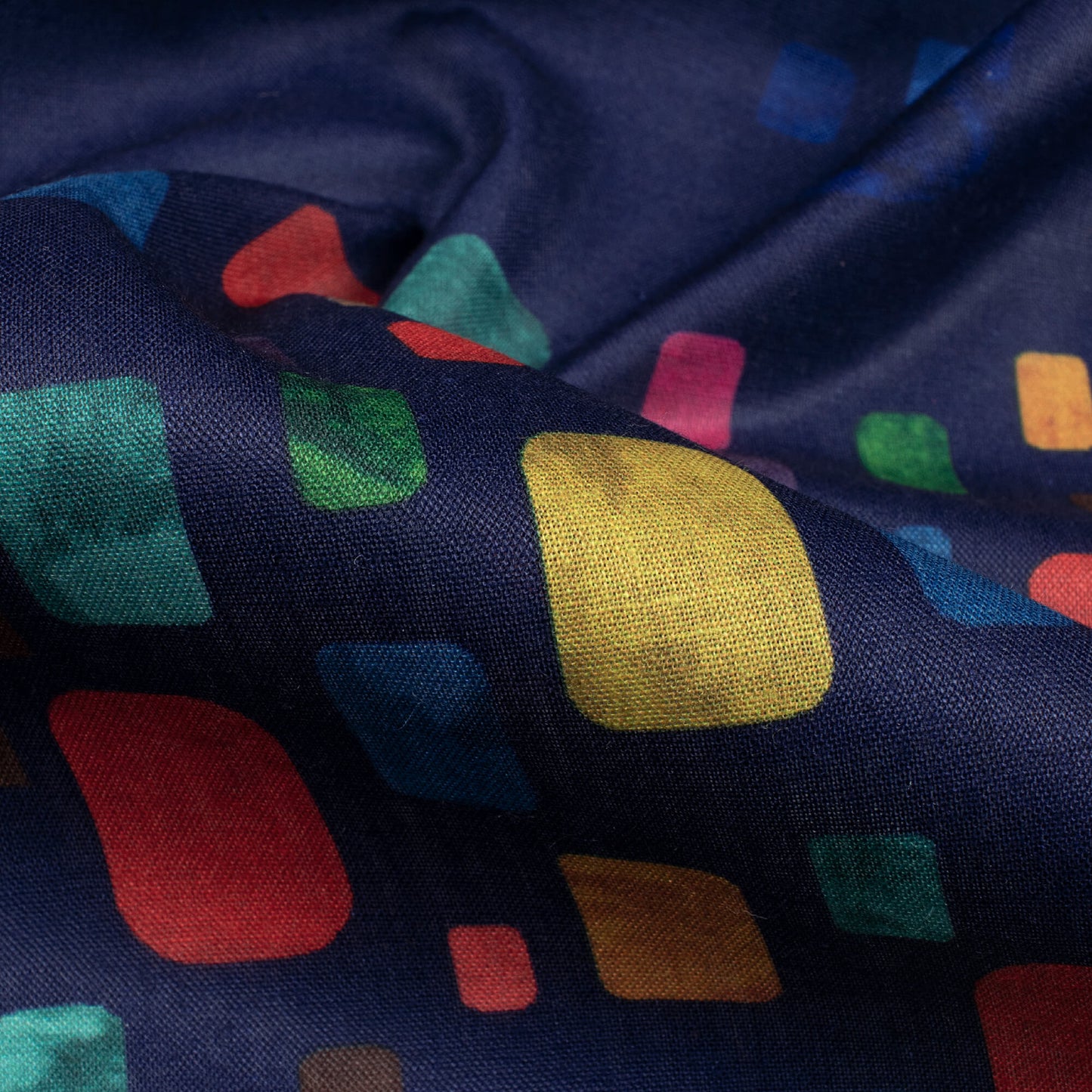 Navy Blue And Vermilion Red Geometric Pattern Digital Print Poly Cambric Fabric