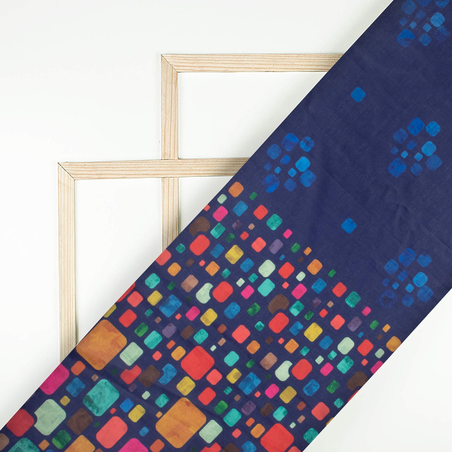 Navy Blue And Vermilion Red Geometric Pattern Digital Print Poly Cambric Fabric