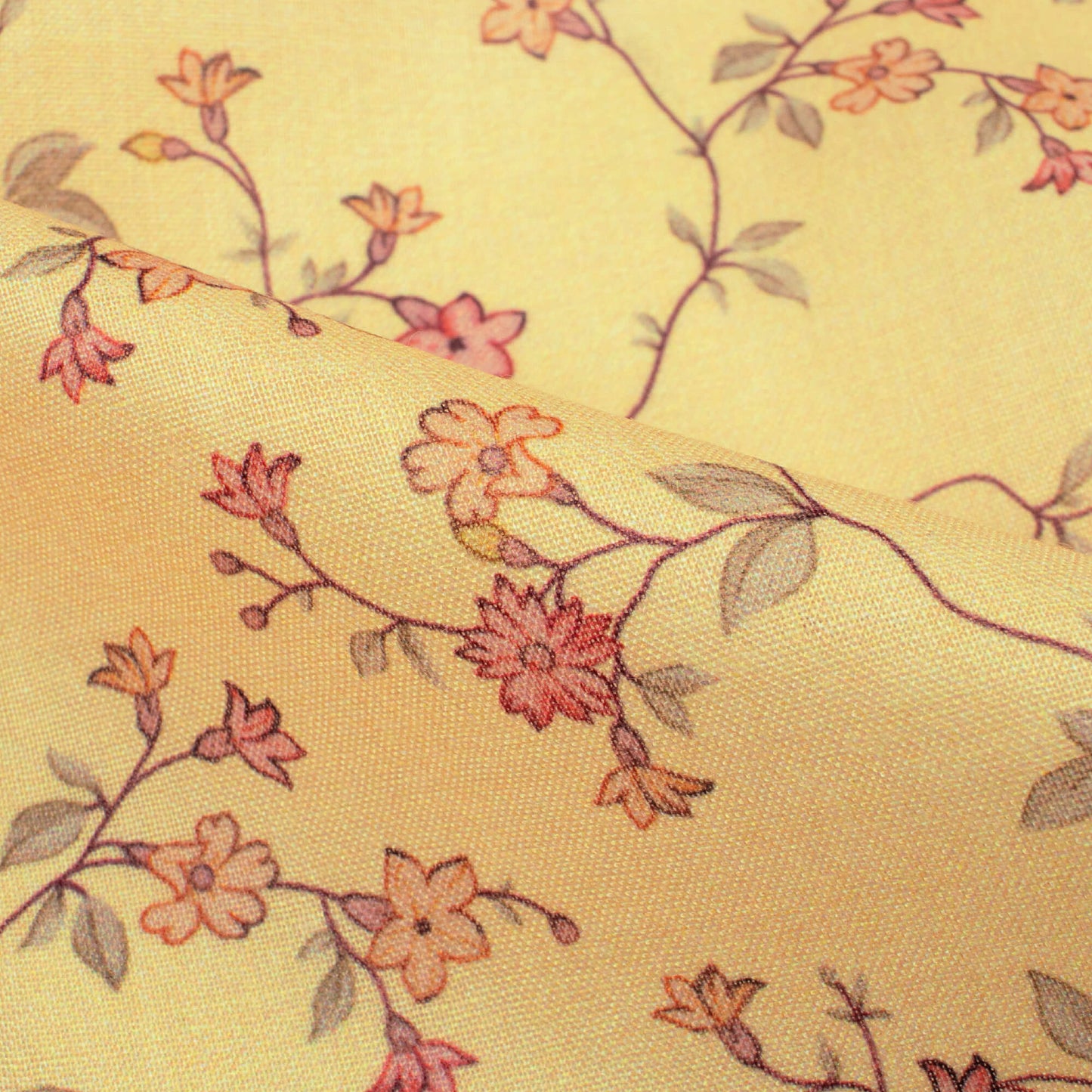 Flax Yellow And Peach Floral Pattern Digital Print Poly Cambric Fabric