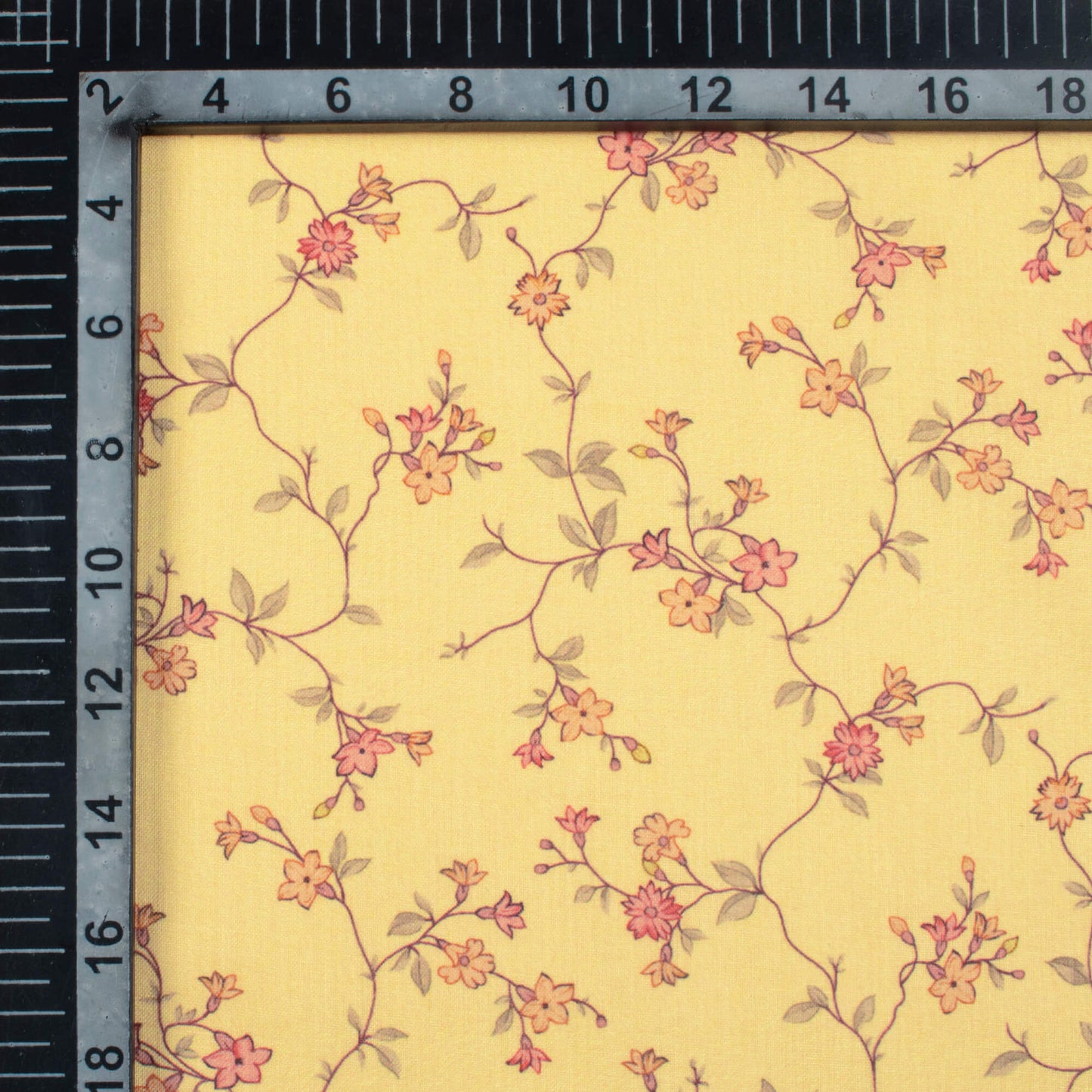 Flax Yellow And Peach Floral Pattern Digital Print Poly Cambric Fabric