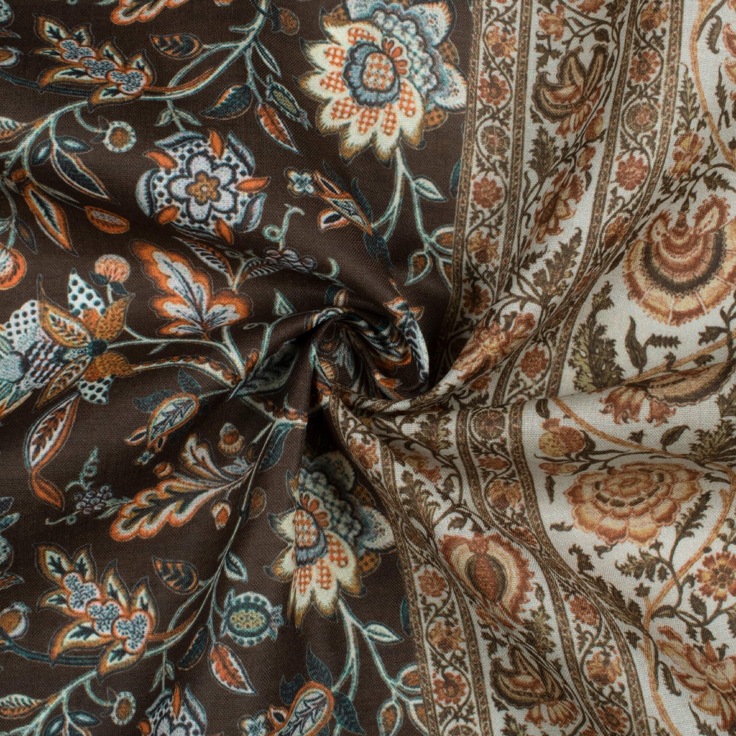 Black And Flame Orange Floral Pattern Digital Print Poly Cambric Fabric