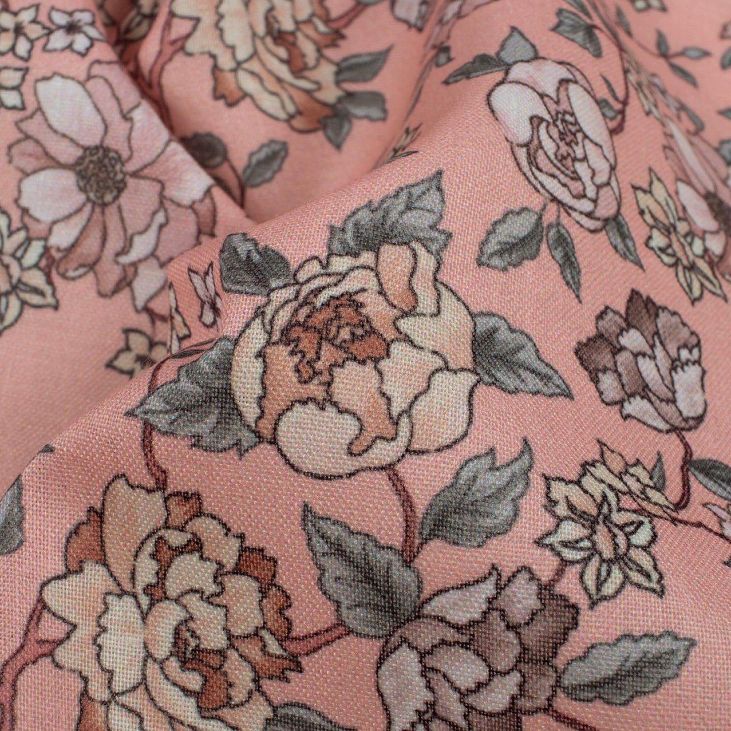 Powder Pink And Peach Floral Pattern Digital Print Poly Cambric Fabric