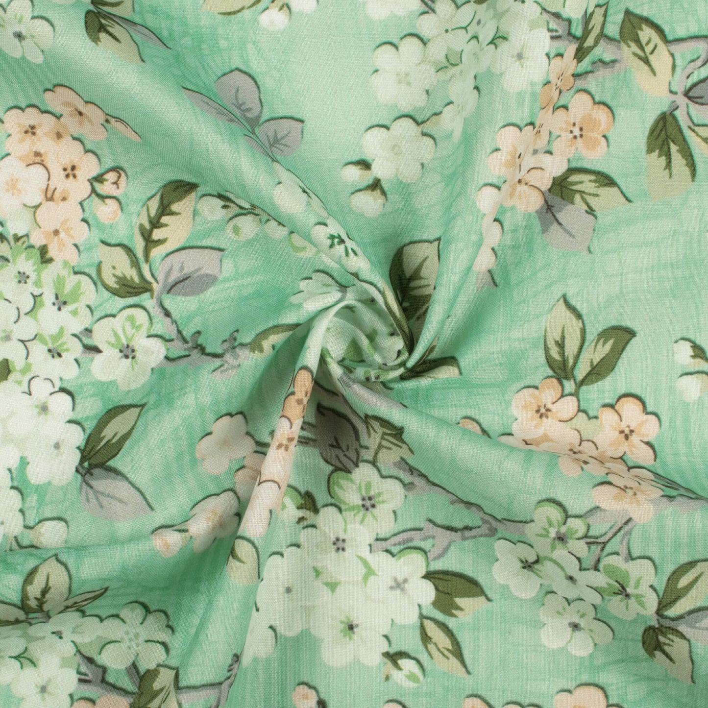 Tea Green And Pastel Peach Floral Pattern Digital Print Poly Cambric Fabric