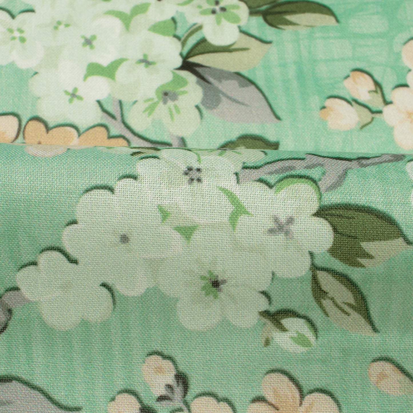Tea Green And Pastel Peach Floral Pattern Digital Print Poly Cambric Fabric