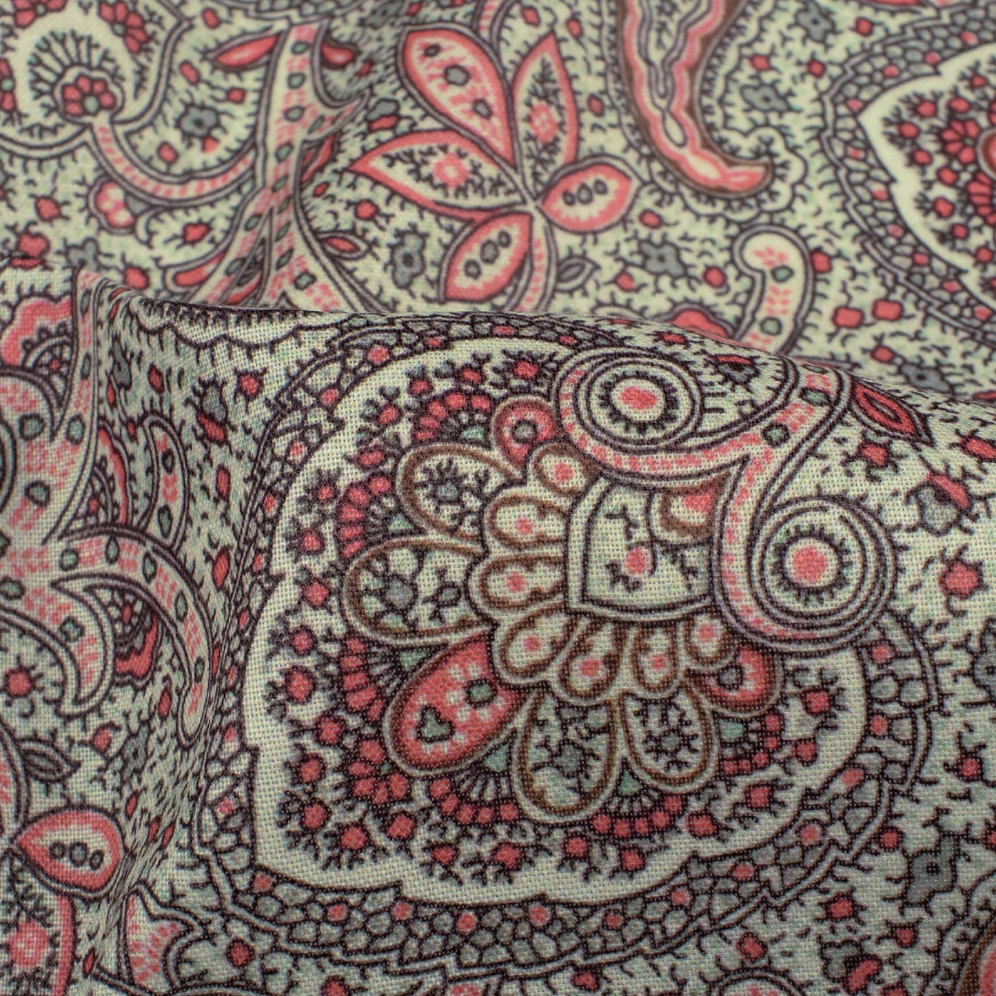 Light Green And Deep Pink Paisley Pattern Digital Print Poly Cambric Fabric