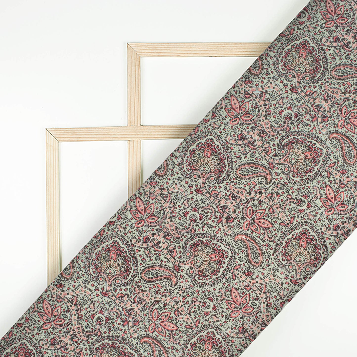 Light Green And Deep Pink Paisley Pattern Digital Print Poly Cambric Fabric