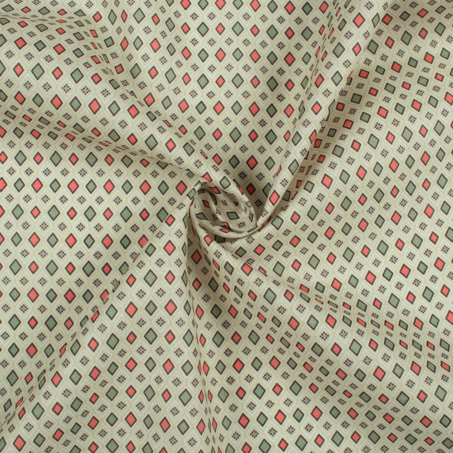 Pistachio Green And Coral Pink Geometric Pattern Digital Print Poly Cambric Fabric