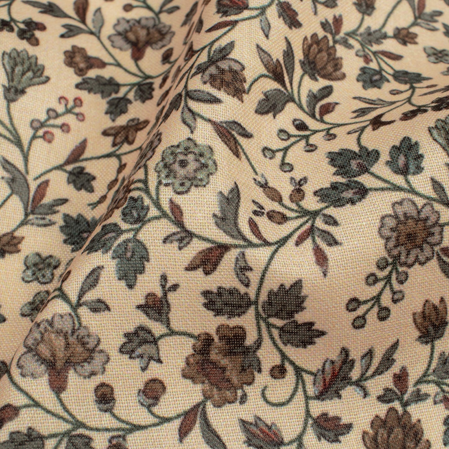 Pastel Peach And Dark Brown Floral Pattern Digital Print Poly Cambric Fabric