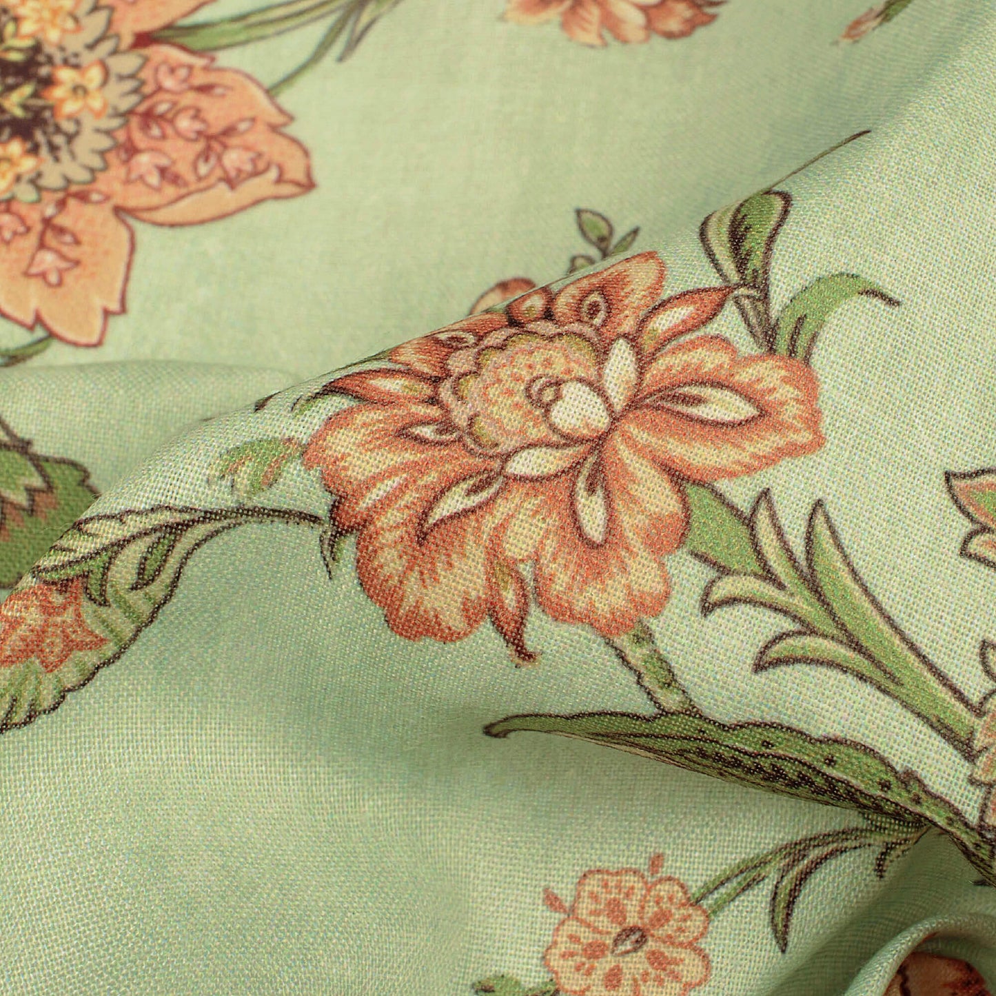 Pistachio Green And Light Orange Floral Pattern Digital Print Poly Cambric Fabric
